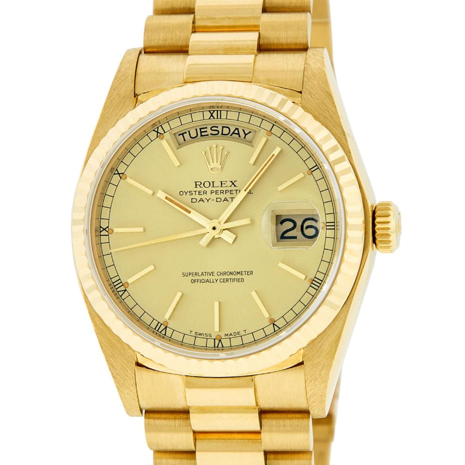 Rolex Mens 18K Yellow Gold Champagne Index Quickset President Wristwatch With Ro