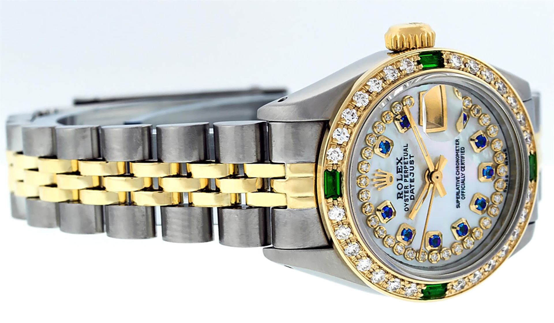 Rolex Ladies 2 Tone MOP Sapphire & Emerald Oyster Perpetual Datejust Wriswatch - Image 2 of 9
