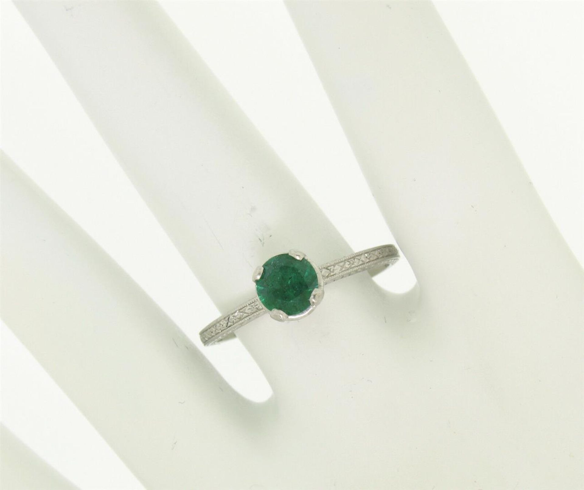 Platinum Etched Petite QUALITY .51 ct Emerald Solitaire Ring Engagement - Image 9 of 9