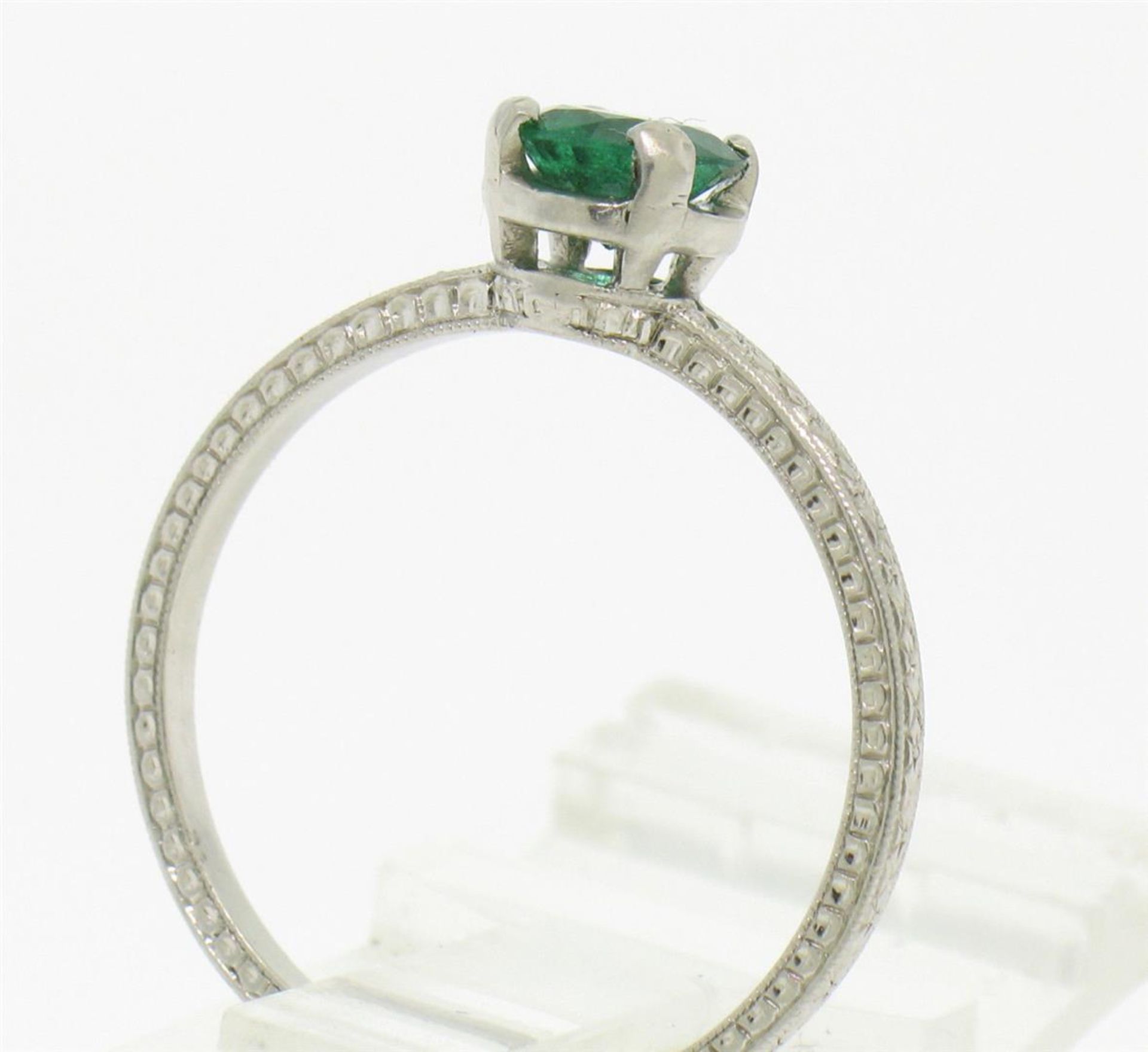Platinum Etched Petite QUALITY .51 ct Emerald Solitaire Ring Engagement - Image 4 of 9