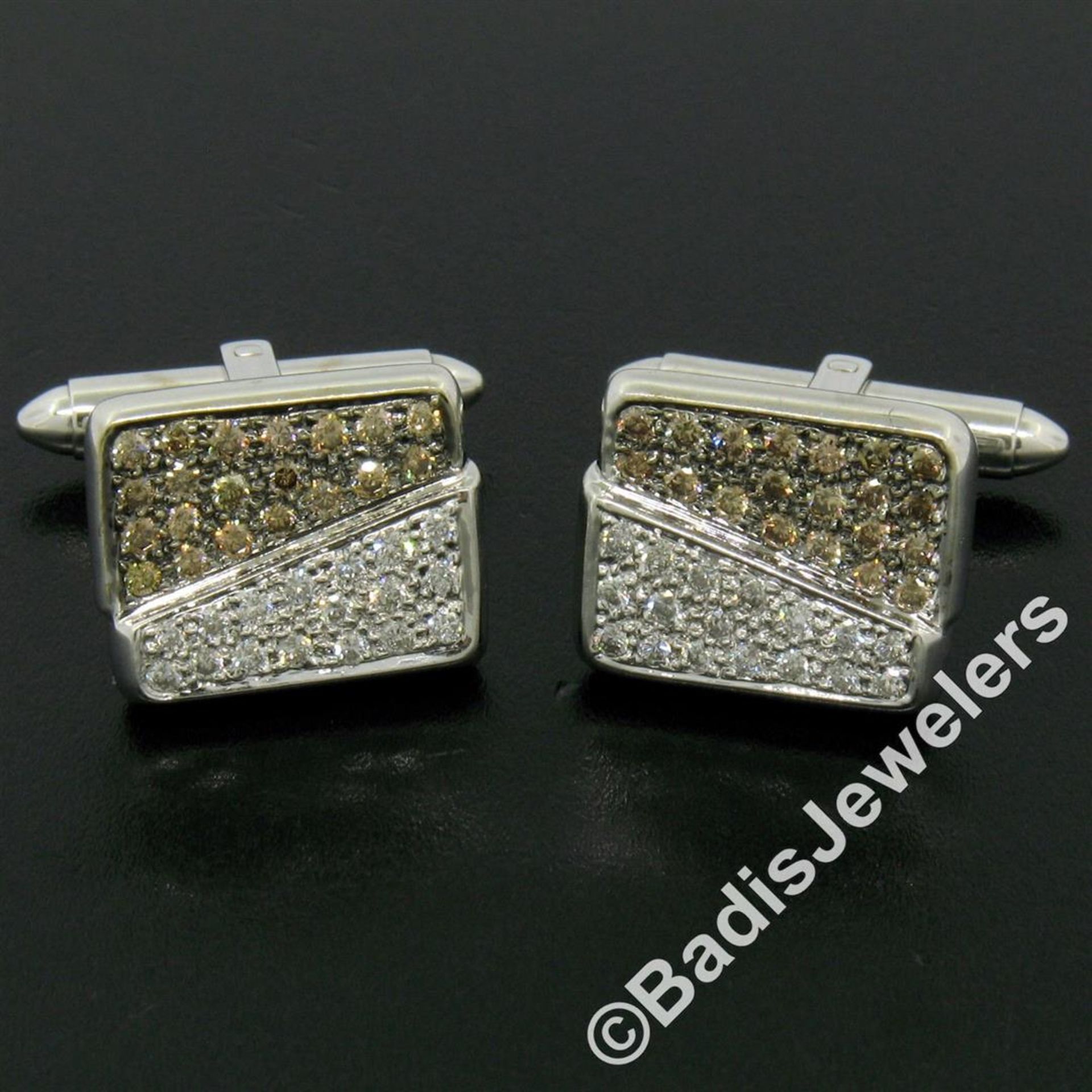 18kt White Gold 1.45ctw Pave Set Round White & Champagne Diamond Rectangular Cuf - Image 2 of 7