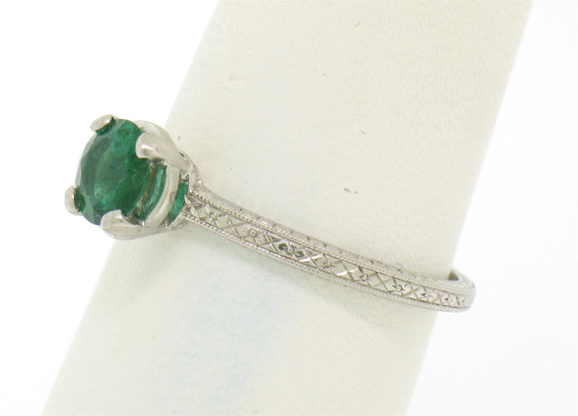 Platinum Etched Petite QUALITY .51 ct Emerald Solitaire Ring Engagement - Image 3 of 9
