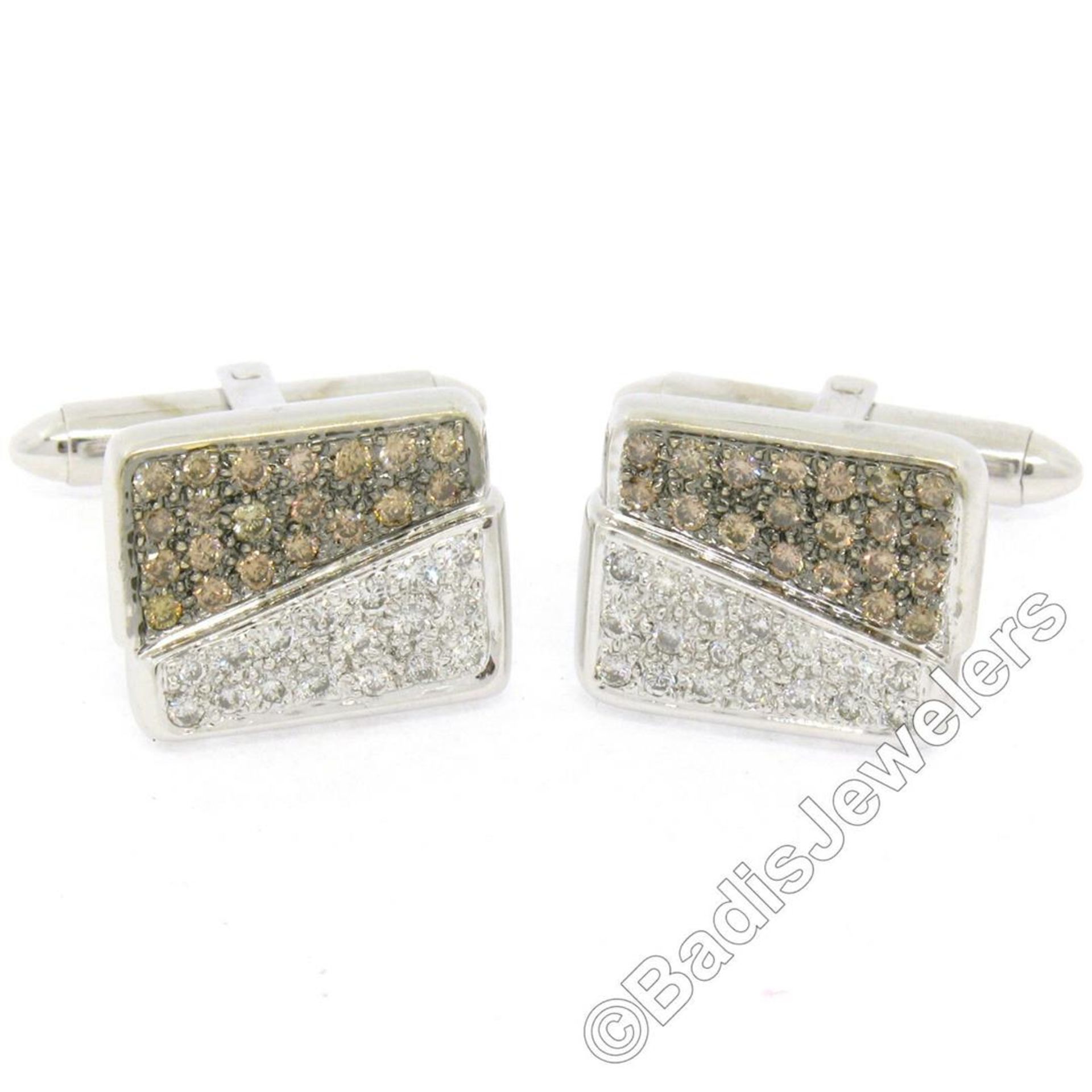 18kt White Gold 1.45ctw Pave Set Round White & Champagne Diamond Rectangular Cuf