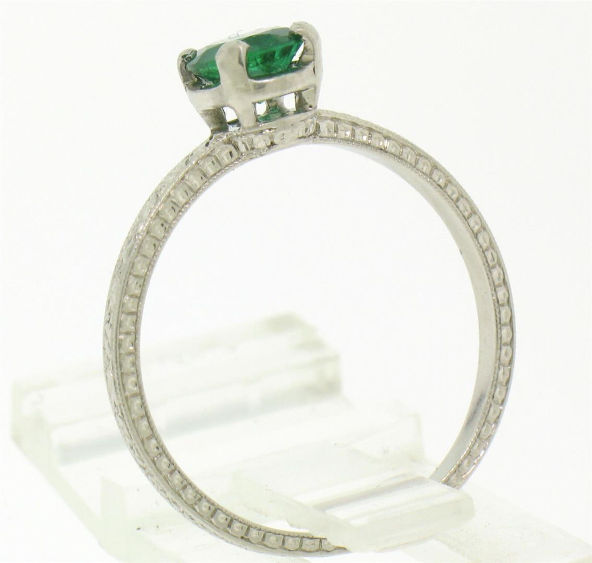 Platinum Etched Petite QUALITY .51 ct Emerald Solitaire Ring Engagement - Image 6 of 9