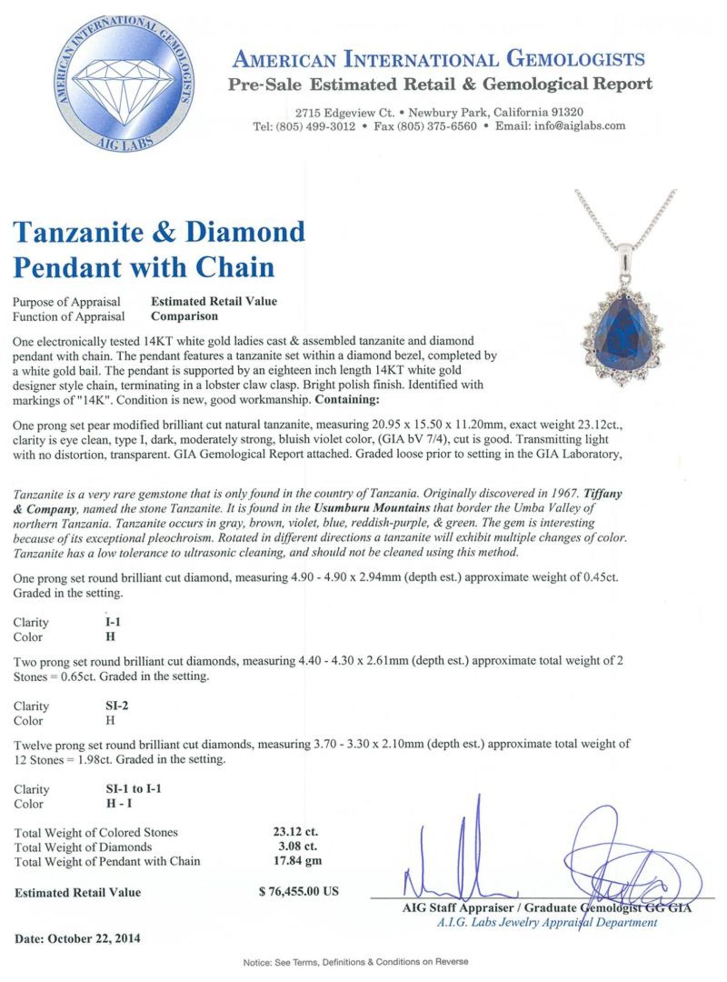14KT White Gold GIA Certified 23.12 ctw Tanzanite and Diamond Pendant With Chain - Image 4 of 5