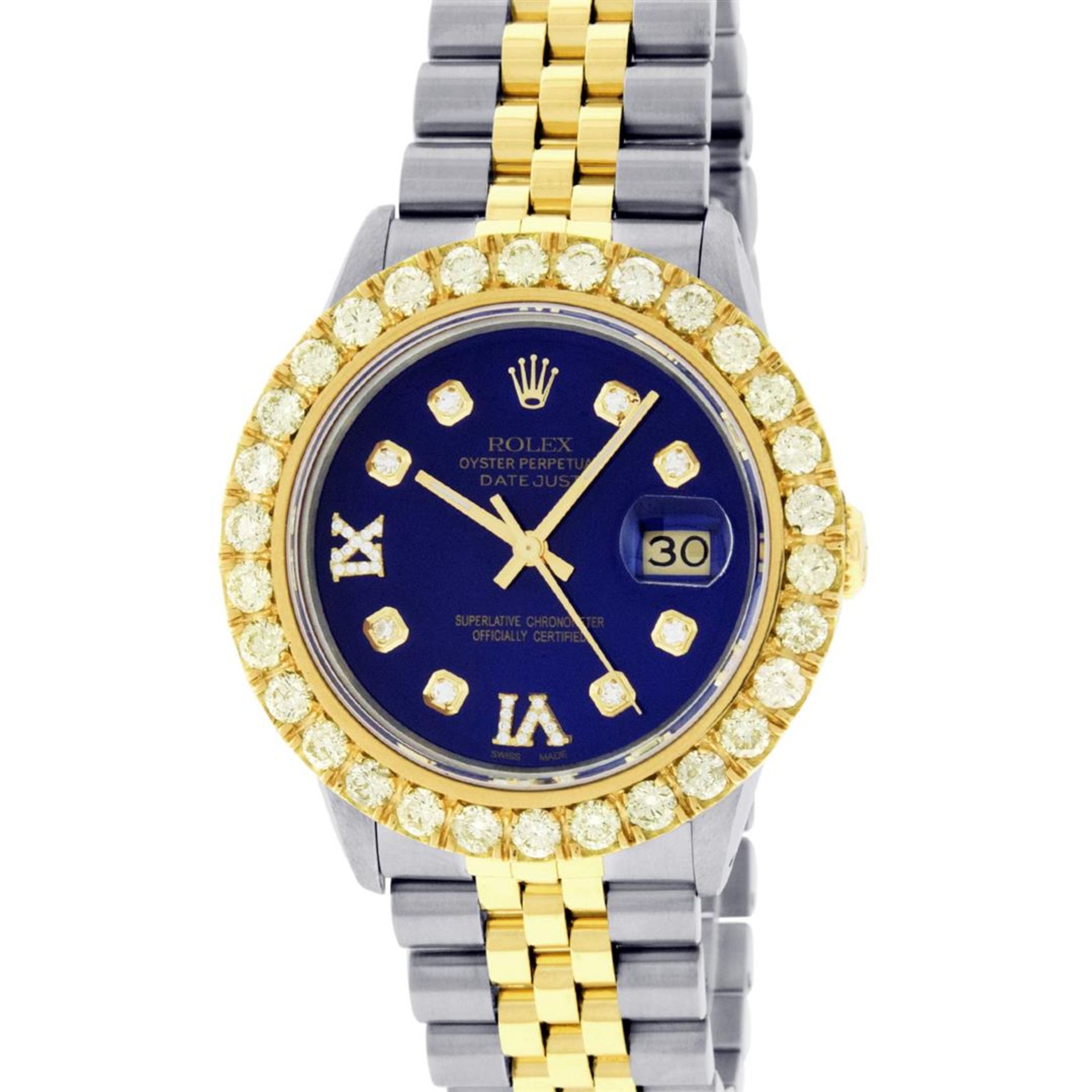 Rolex Mens 2 Tone Blue VS 4ctw Beadset Diamond Datejust Wristwatch with Rolex Bo