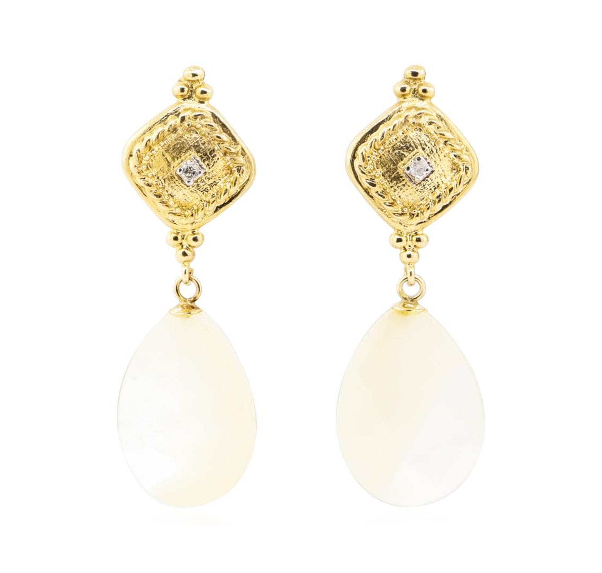 0.04ctw Diamond and Mother of Pearl Dangle Earrings - 14KT Yellow Gold