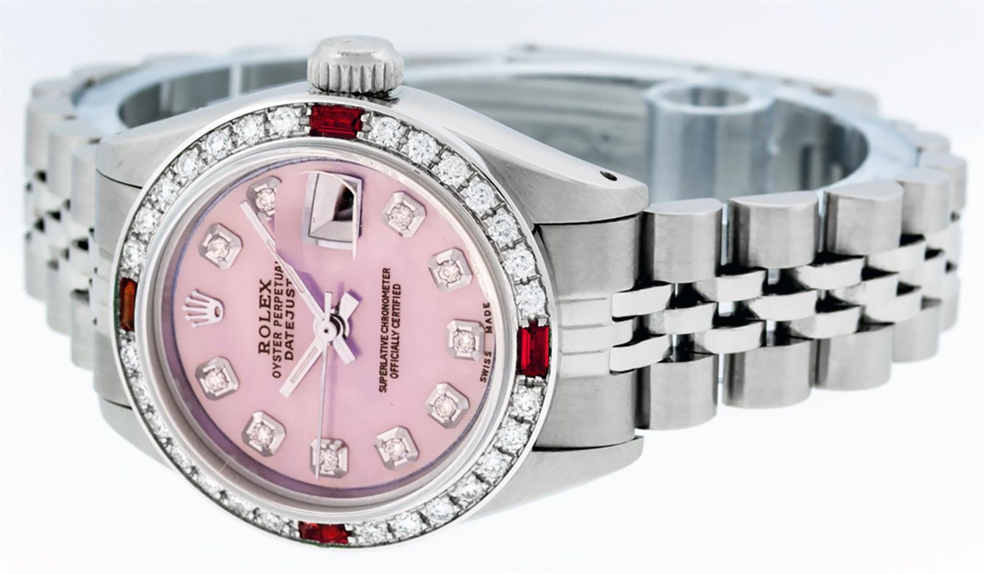 Rolex Ladies Stainless Steel Pink MOP Diamond & Ruby Datejust Wristwatch 26MM - Image 4 of 9