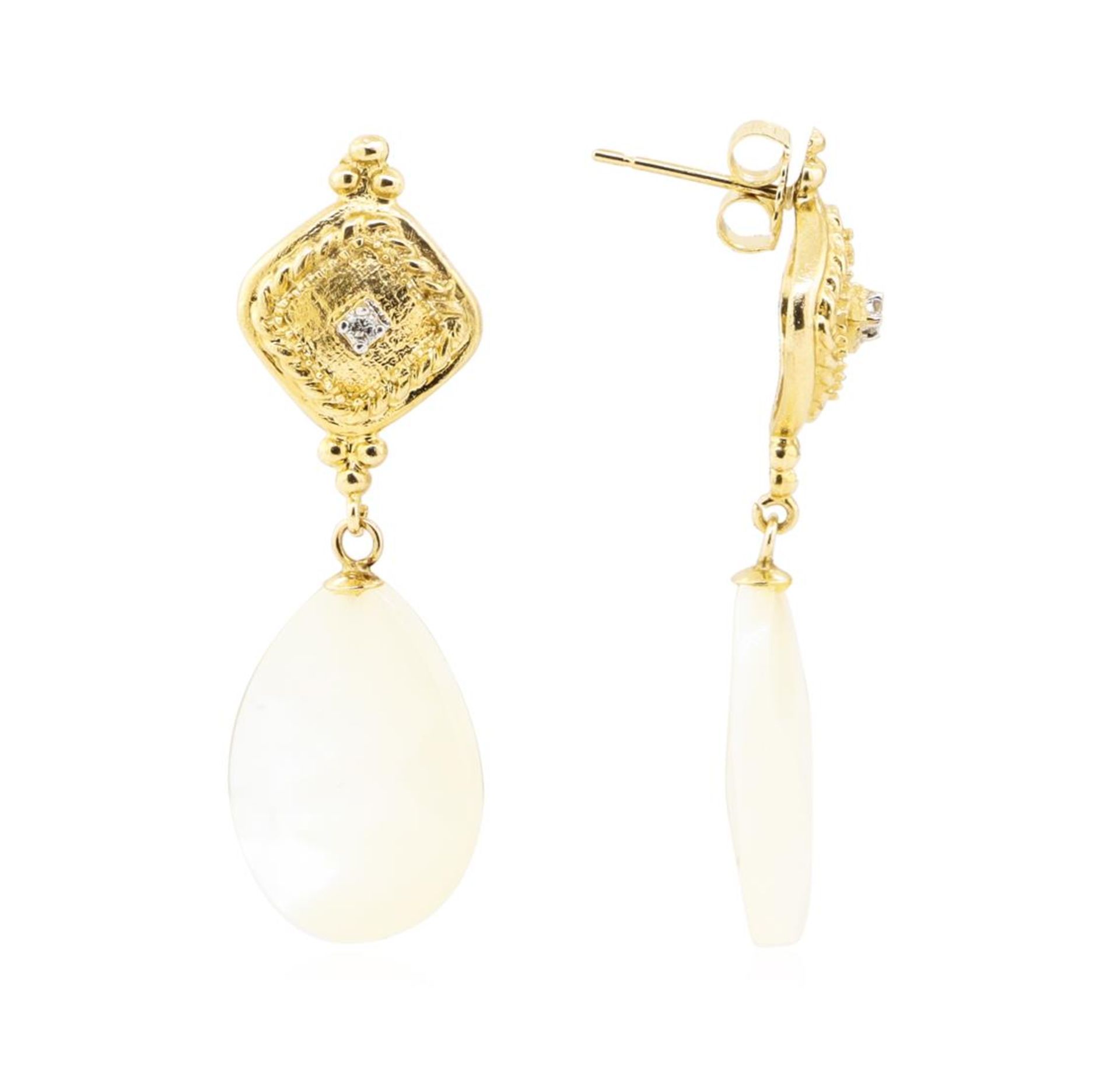 0.04ctw Diamond and Mother of Pearl Dangle Earrings - 14KT Yellow Gold - Image 2 of 2