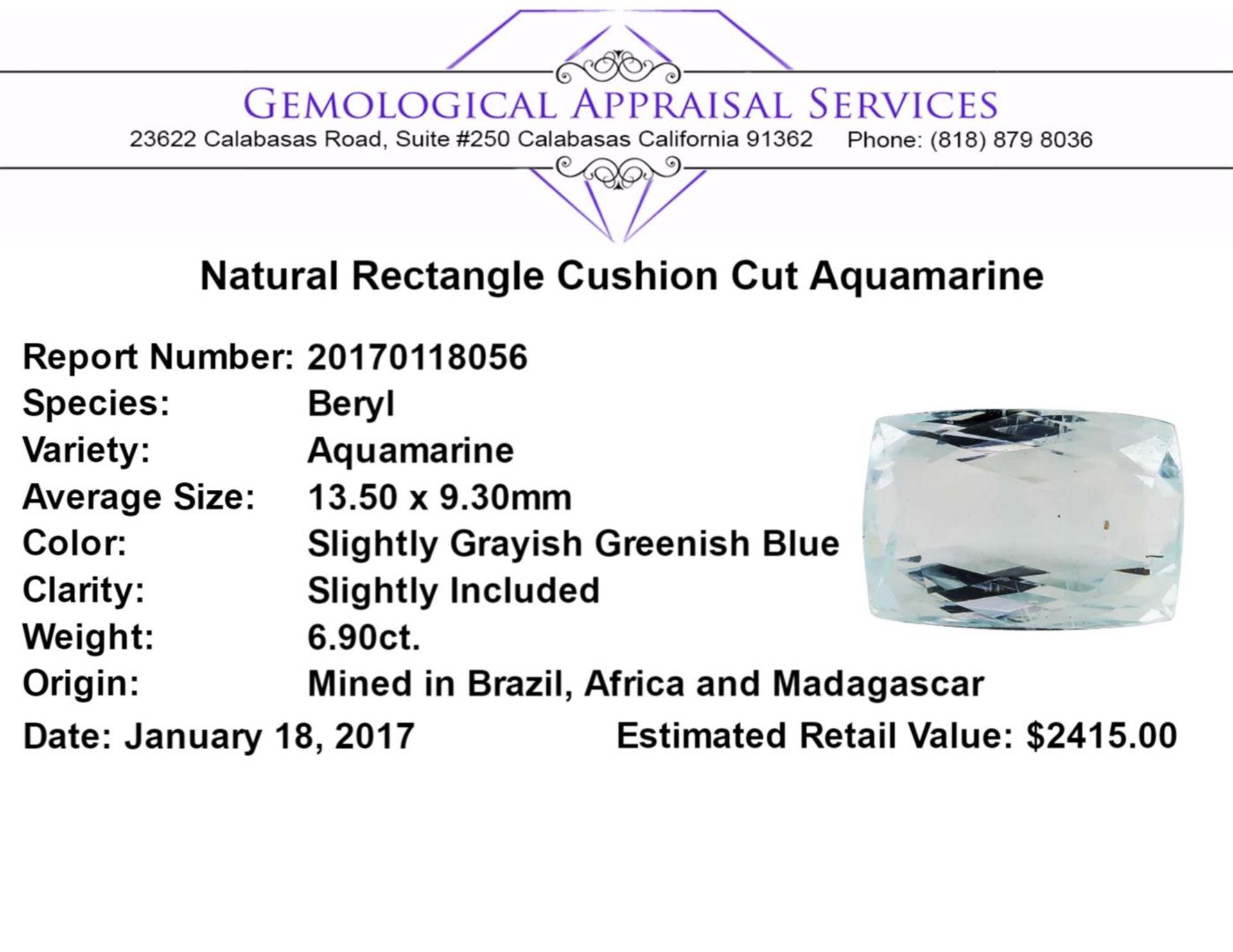 6.90 ct.Natural Rectangle Cushion Cut Aquamarine - Image 2 of 2
