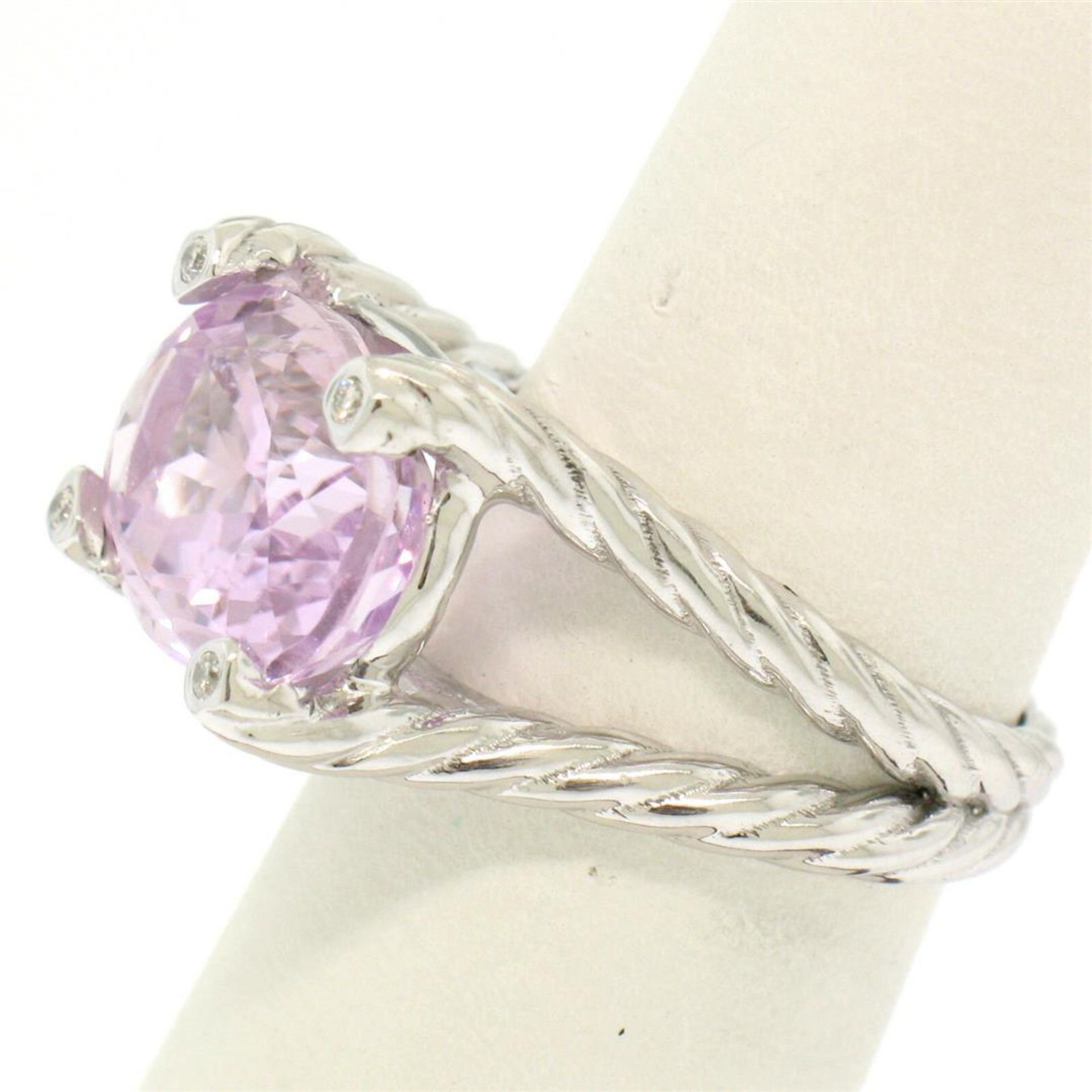 14k White Gold Twisted Cable 8.5 ct Oval Kunzite Solitaire Ring 4 Diamond Accent - Image 2 of 8