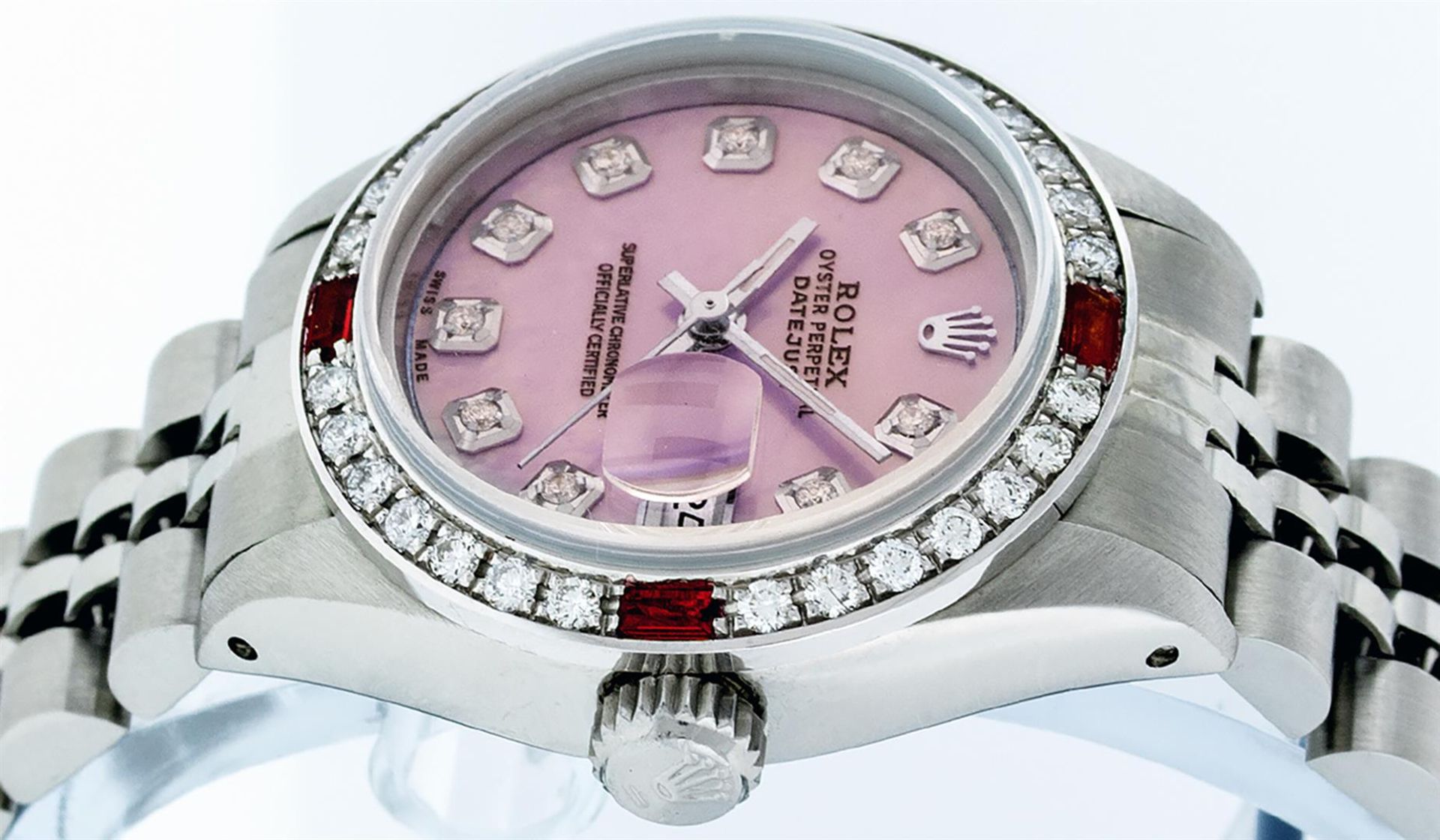 Rolex Ladies Stainless Steel Pink MOP Diamond & Ruby Datejust Wristwatch 26MM - Image 8 of 9