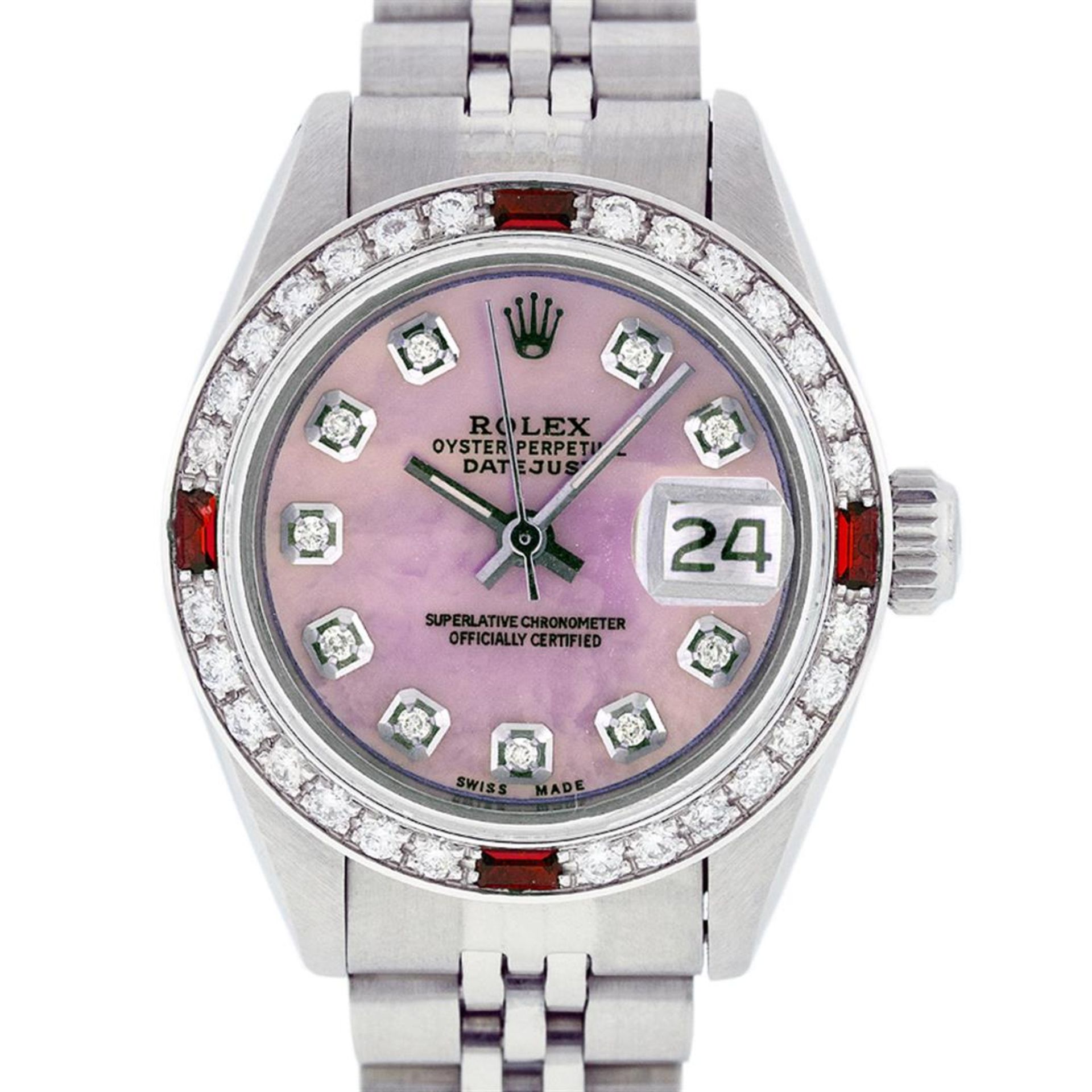 Rolex Ladies Stainless Steel Pink MOP Diamond & Ruby Datejust Wristwatch 26MM - Image 6 of 9