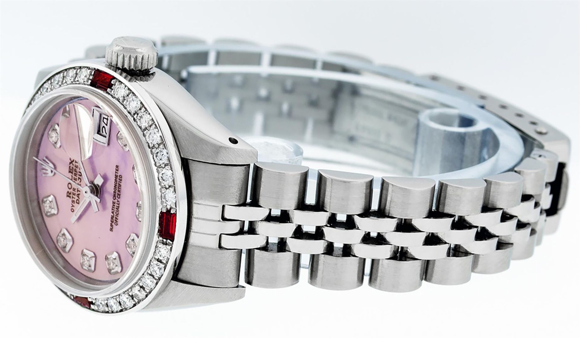 Rolex Ladies Stainless Steel Pink MOP Diamond & Ruby Datejust Wristwatch 26MM - Image 5 of 9