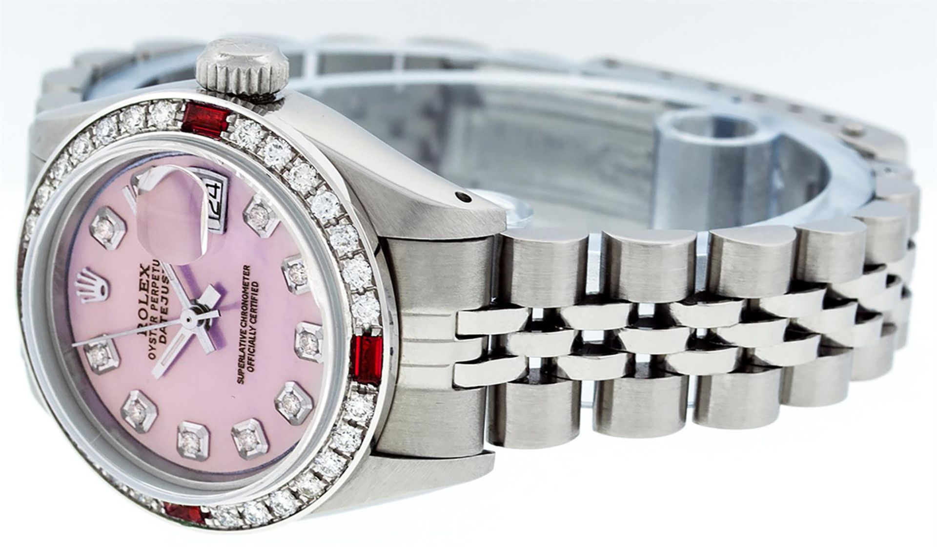 Rolex Ladies Stainless Steel Pink MOP Diamond & Ruby Datejust Wristwatch 26MM - Image 3 of 9