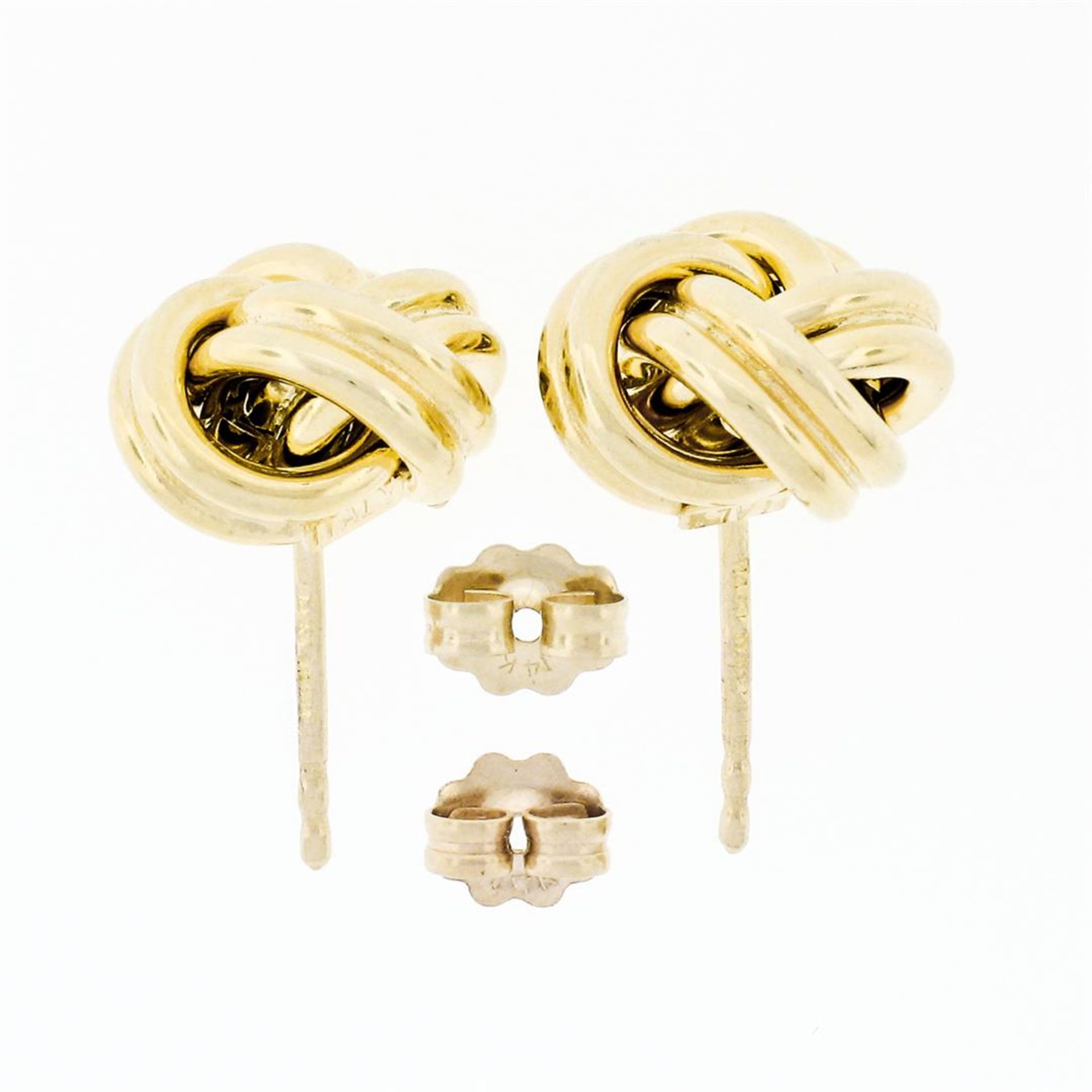 Italian 14K Yellow Gold Ribbed High Polished Dual Tube Love Knot Stud Earrings - Image 3 of 6