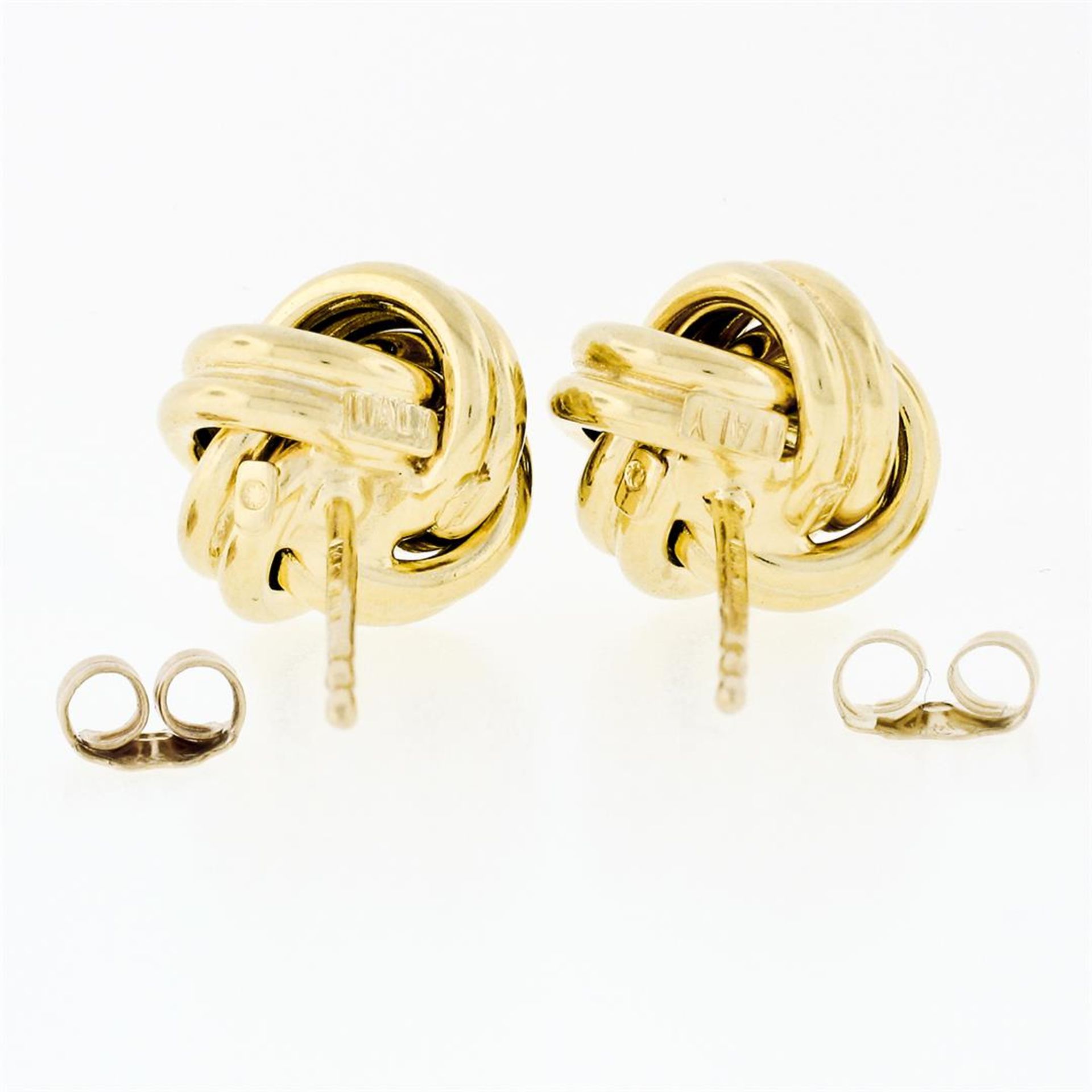 Italian 14K Yellow Gold Ribbed High Polished Dual Tube Love Knot Stud Earrings - Image 4 of 6