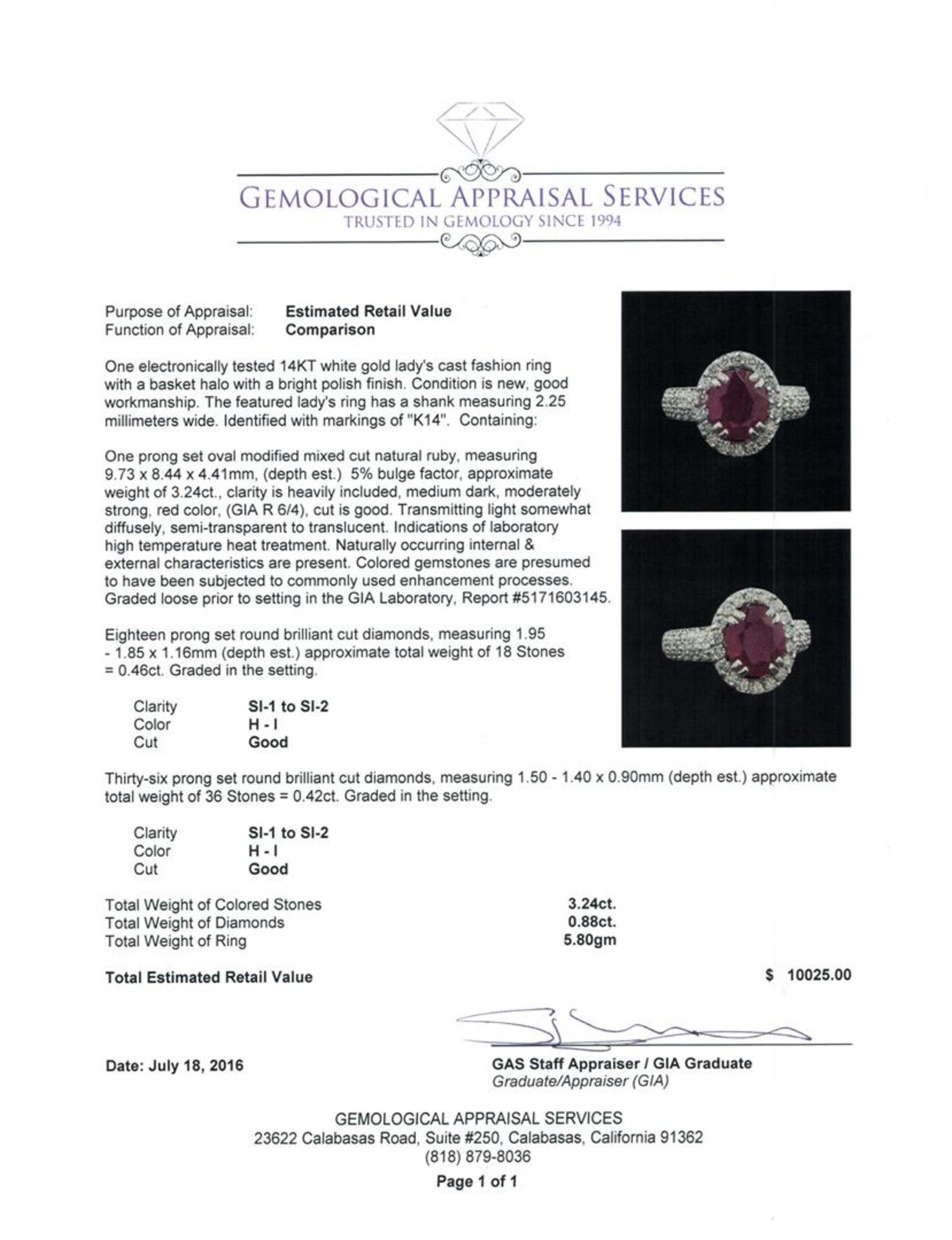 GIA Cert 3.24 ctw Ruby and Diamond Ring - 14KT White Gold - Image 5 of 6