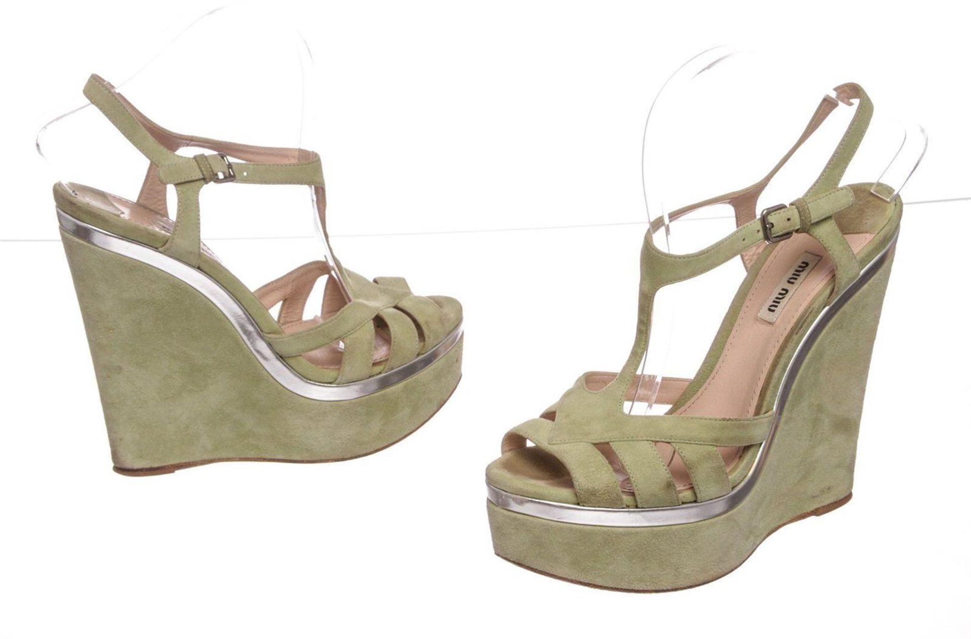 Miu Miu Pistacchio Suede Camoscio Lame Wedges Heels Shoes 39