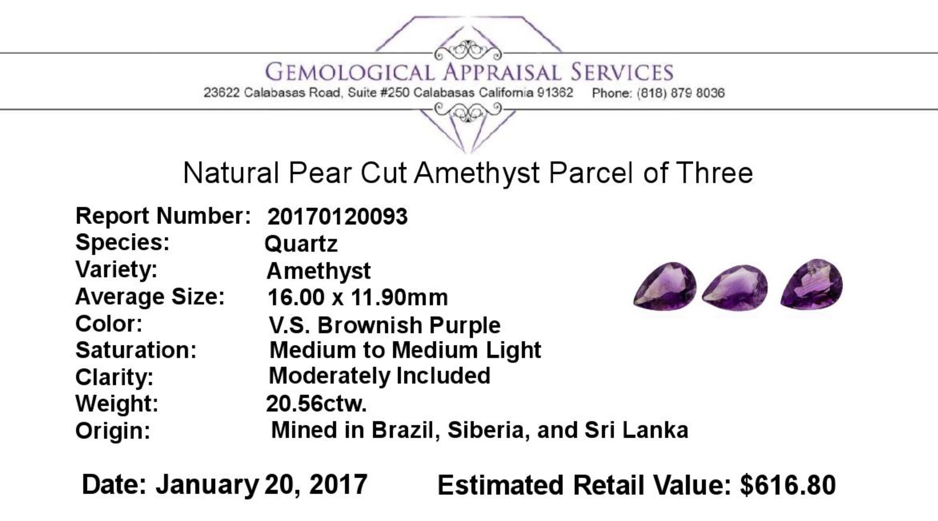 20.56ctw.Natural Pear Cut Amethyst Parcel of Three - Image 3 of 3
