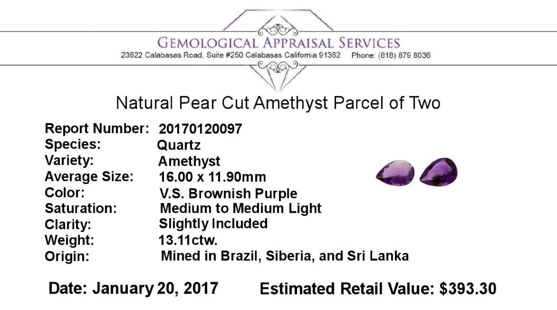 13.11ctw.Natural Pear Cut Amethyst Parcel of Two - Image 3 of 3