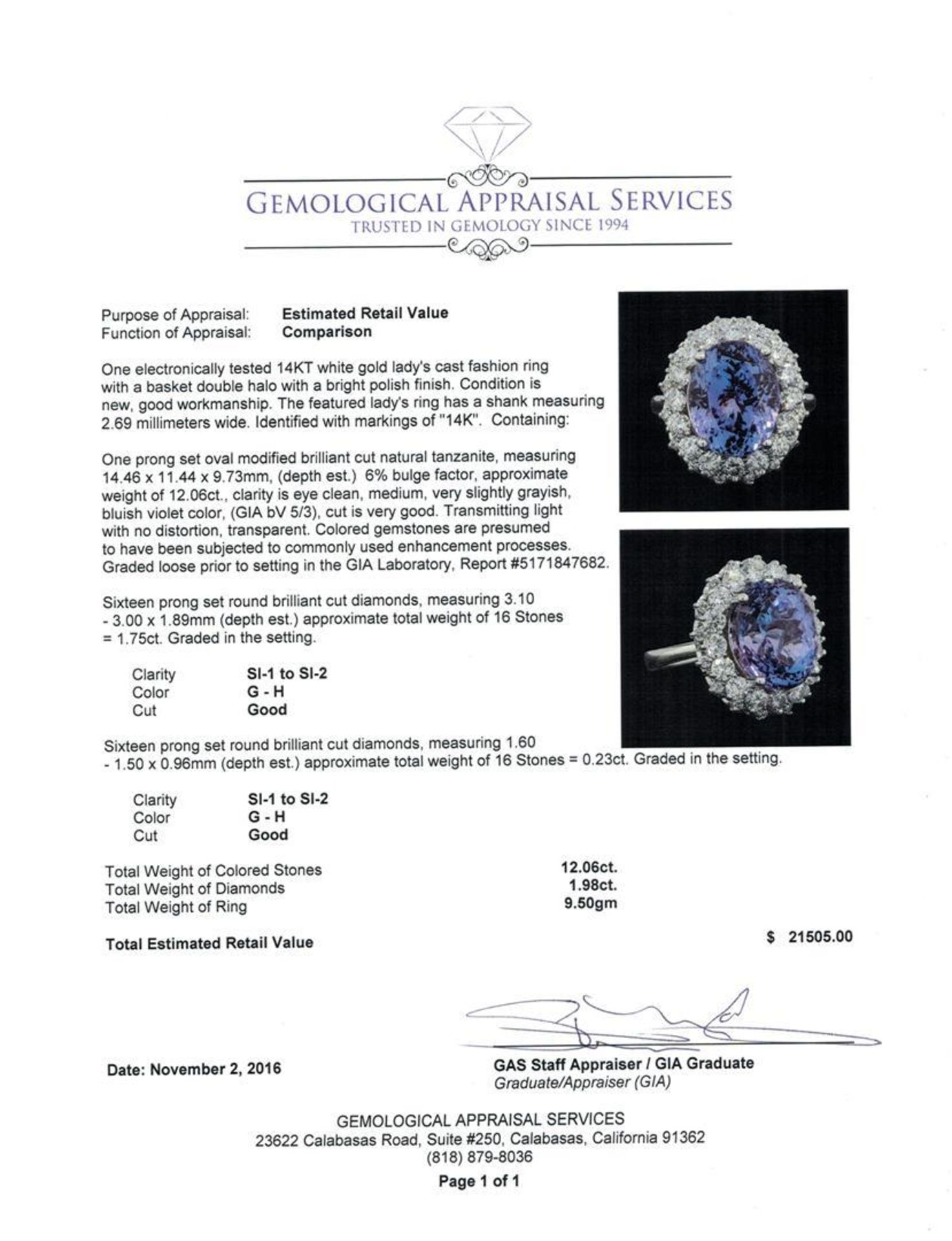 GIA Cert 12.06 ctw Tanzanite and Diamond Ring - 14KT White Gold - Image 5 of 6