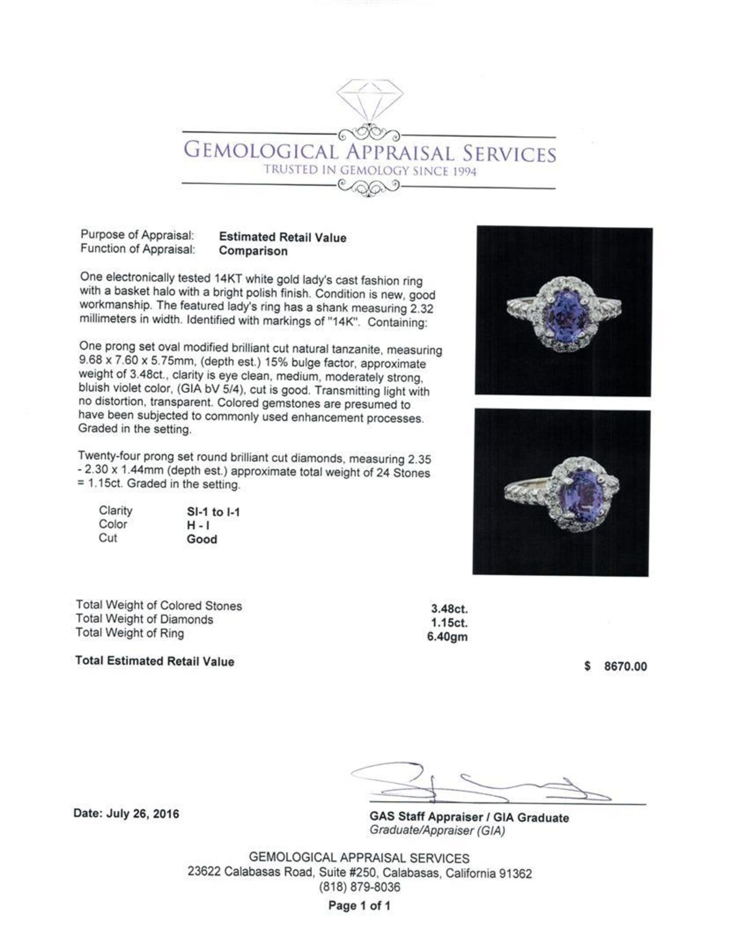 3.48 ctw Tanzanite and Diamond Ring - 14KT White Gold - Image 5 of 5