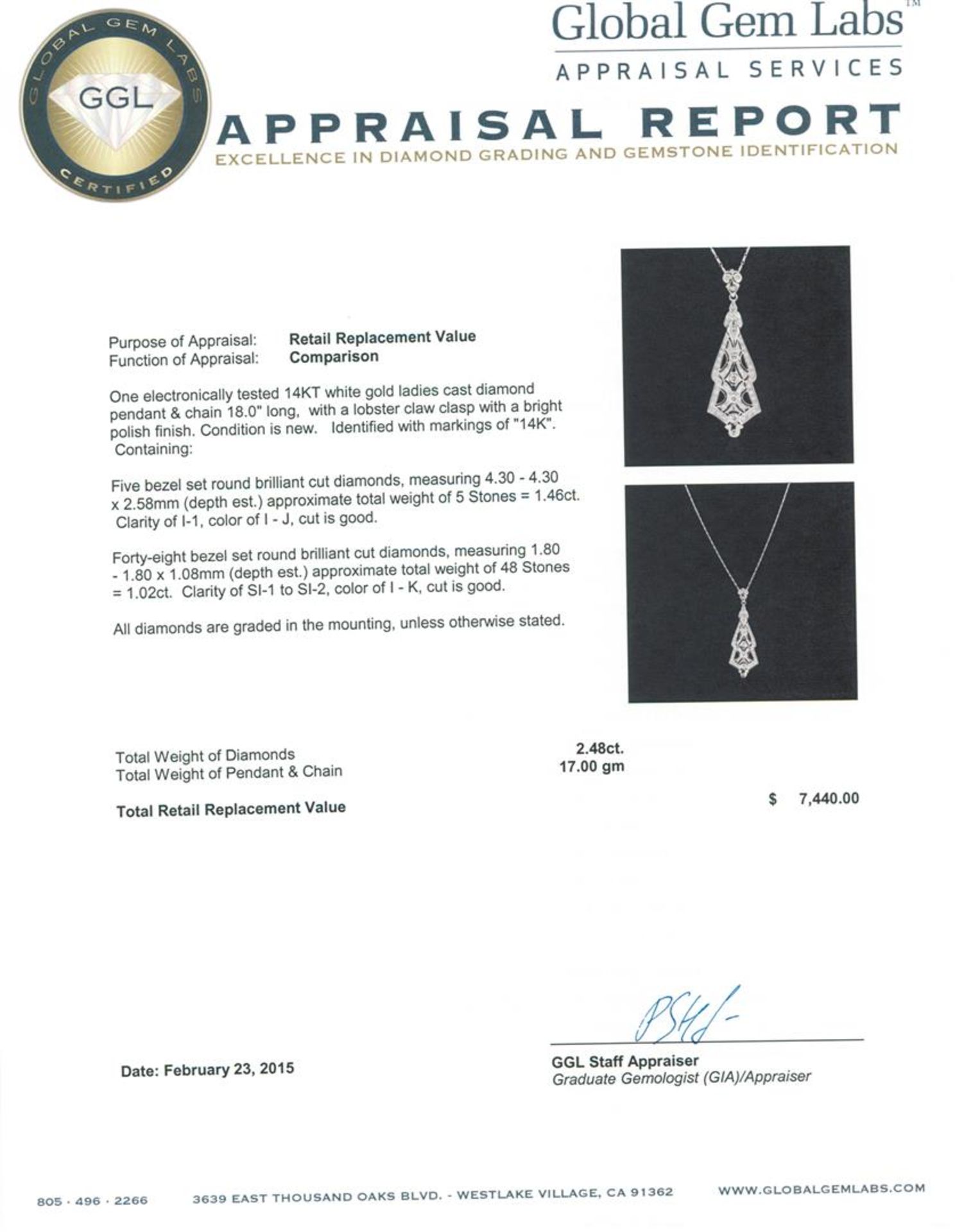 14KT White Gold 2.48ctw Diamond Pendant With Chain - Image 3 of 3