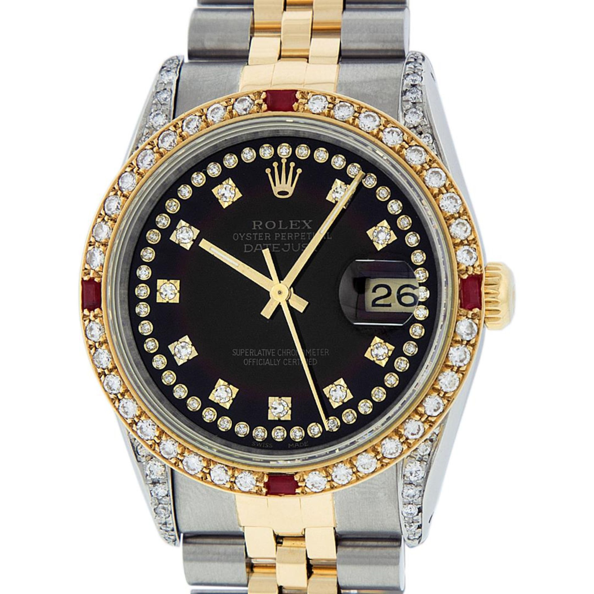 Rolex Mens 2 Tone Black String Diamond Lugs & Ruby Oyster Perpetual Datejust 36M - Image 2 of 9