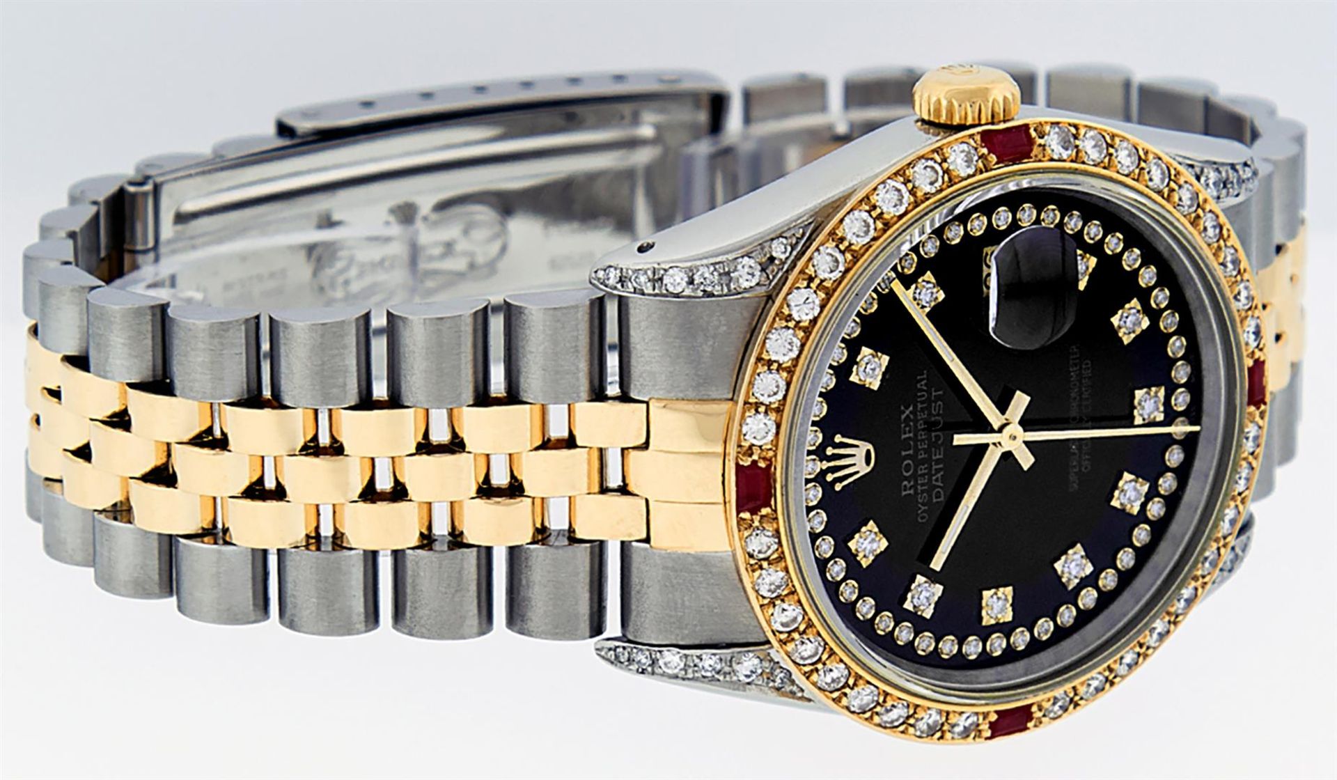 Rolex Mens 2 Tone Black String Diamond Lugs & Ruby Oyster Perpetual Datejust 36M - Image 3 of 9
