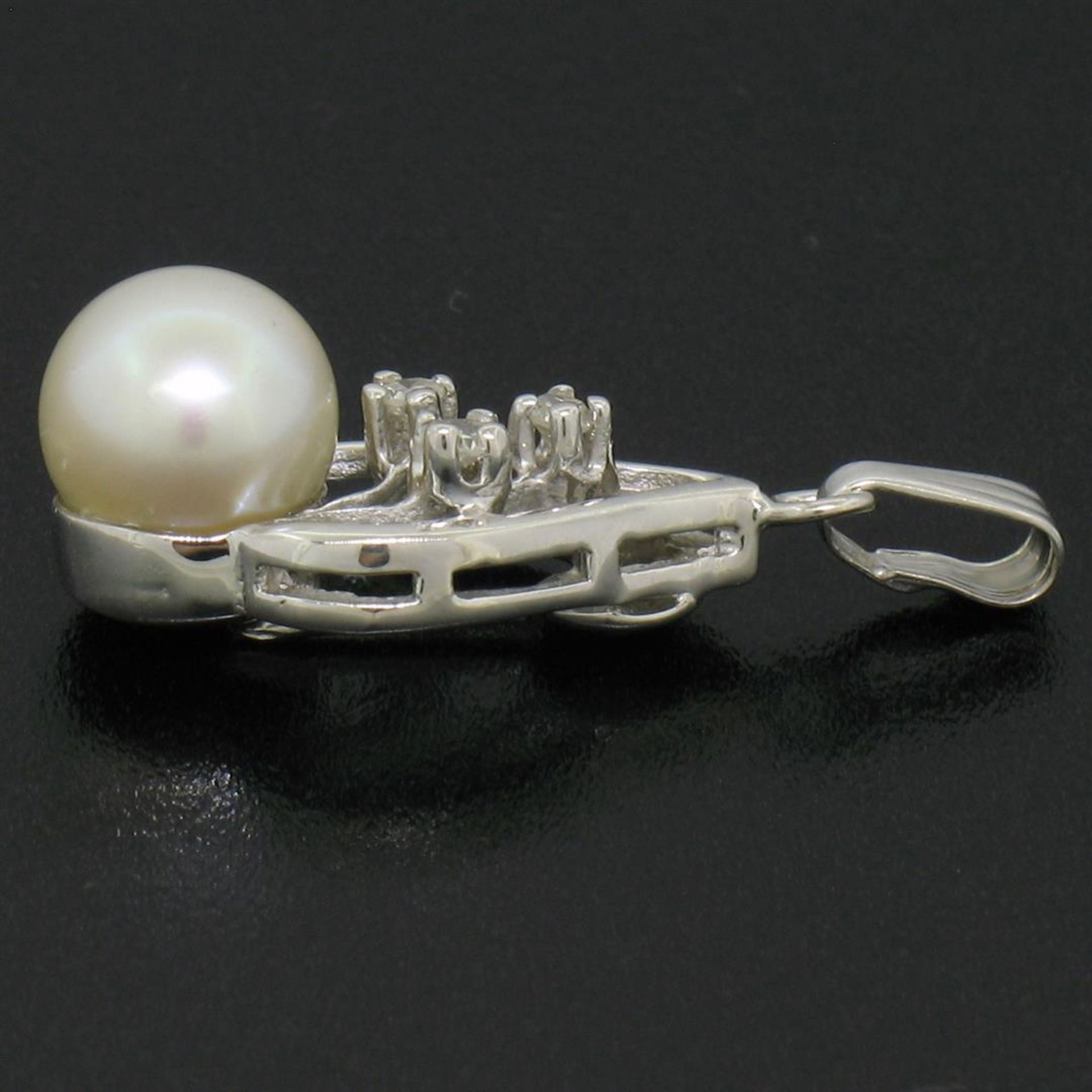 14K White Gold 6.9mm Pearl w/ 3 Diamond Accents Petite Open Tear Drop Pendant - Image 3 of 4