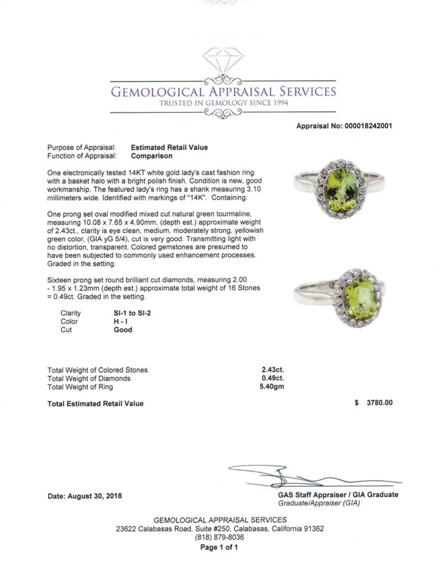 2.92 ctw Oval Mixed Green Tourmaline And Round Brilliant Cut Diamond Ring - 14KT - Image 5 of 5