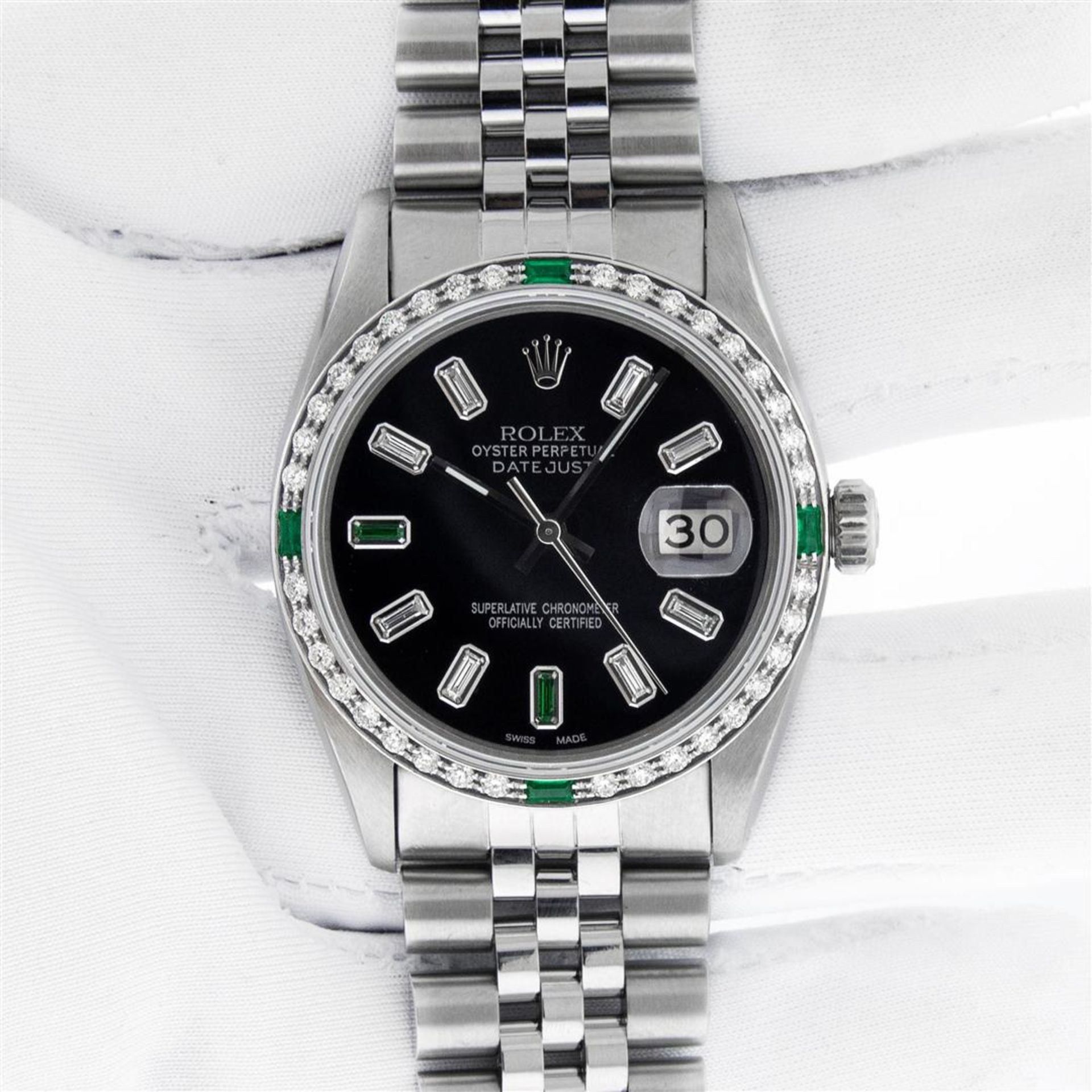 Rolex Mens Stainless Steel Black Baguette Emerald Diamond 36MM Datejust Wristwat - Image 3 of 9