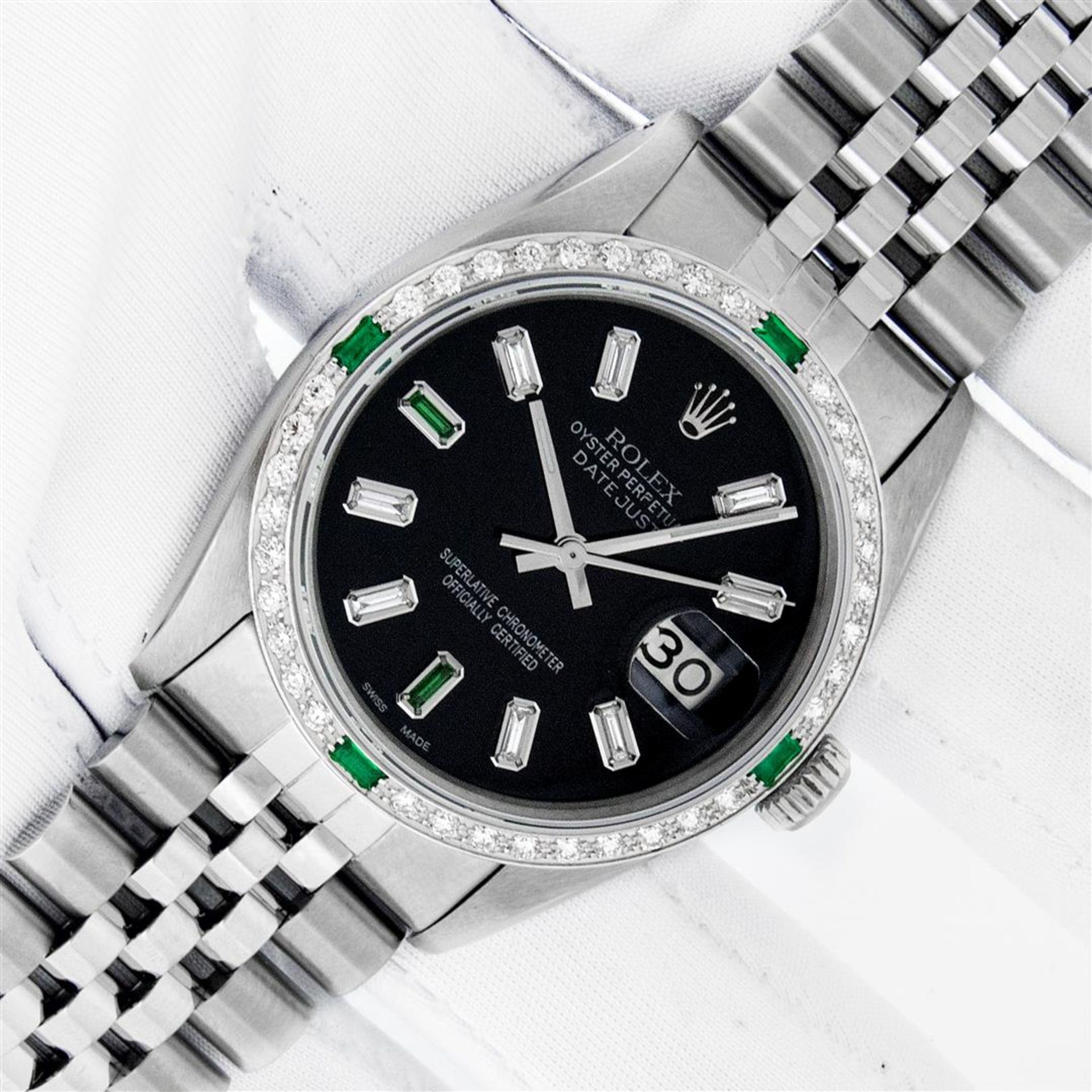 Rolex Mens Stainless Steel Black Baguette Emerald Diamond 36MM Datejust Wristwat - Image 2 of 9