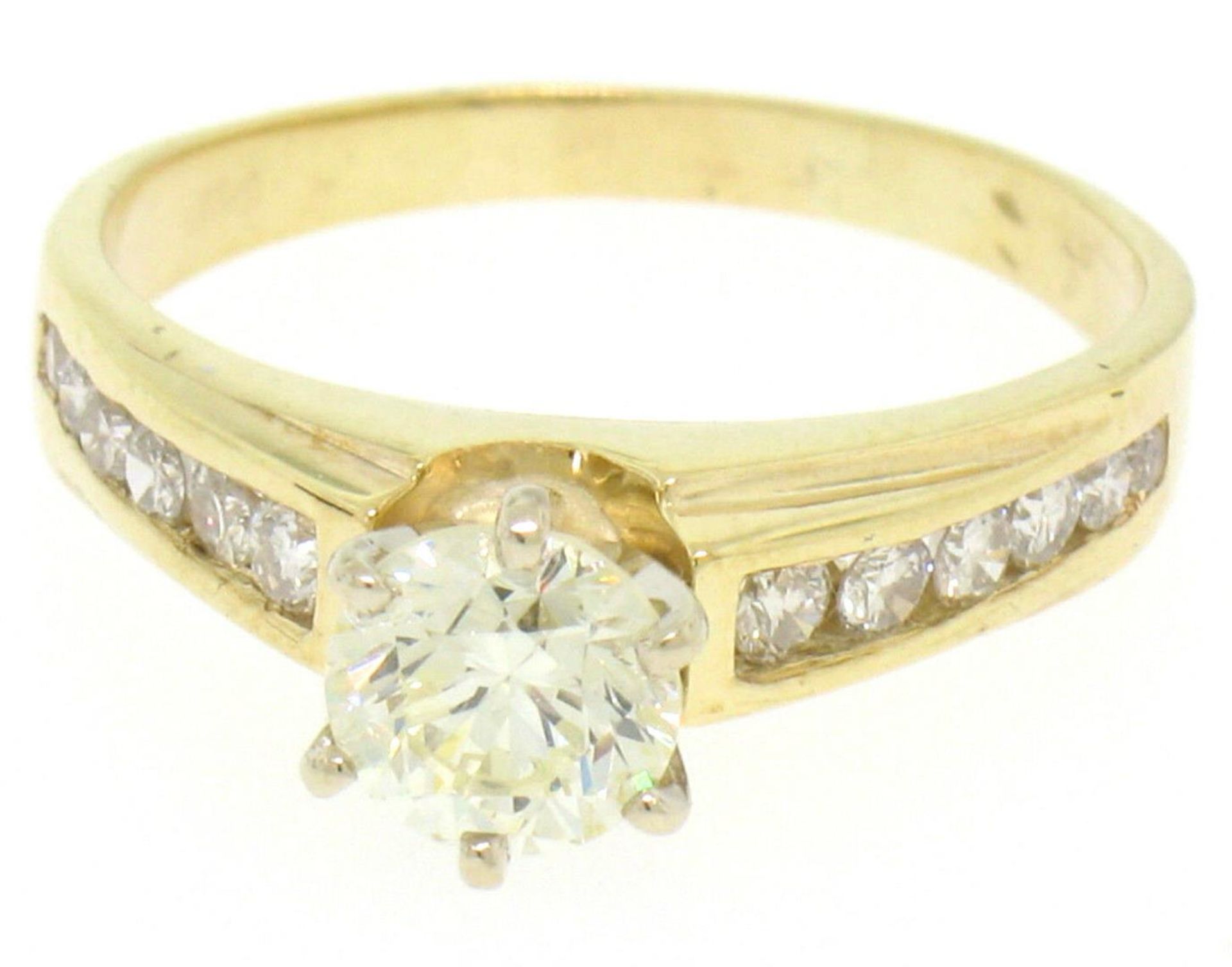 14k Solid Yellow Gold Round Diamond Solitaire Engagement Ring w/ 12 Graduated Ac - Image 4 of 6