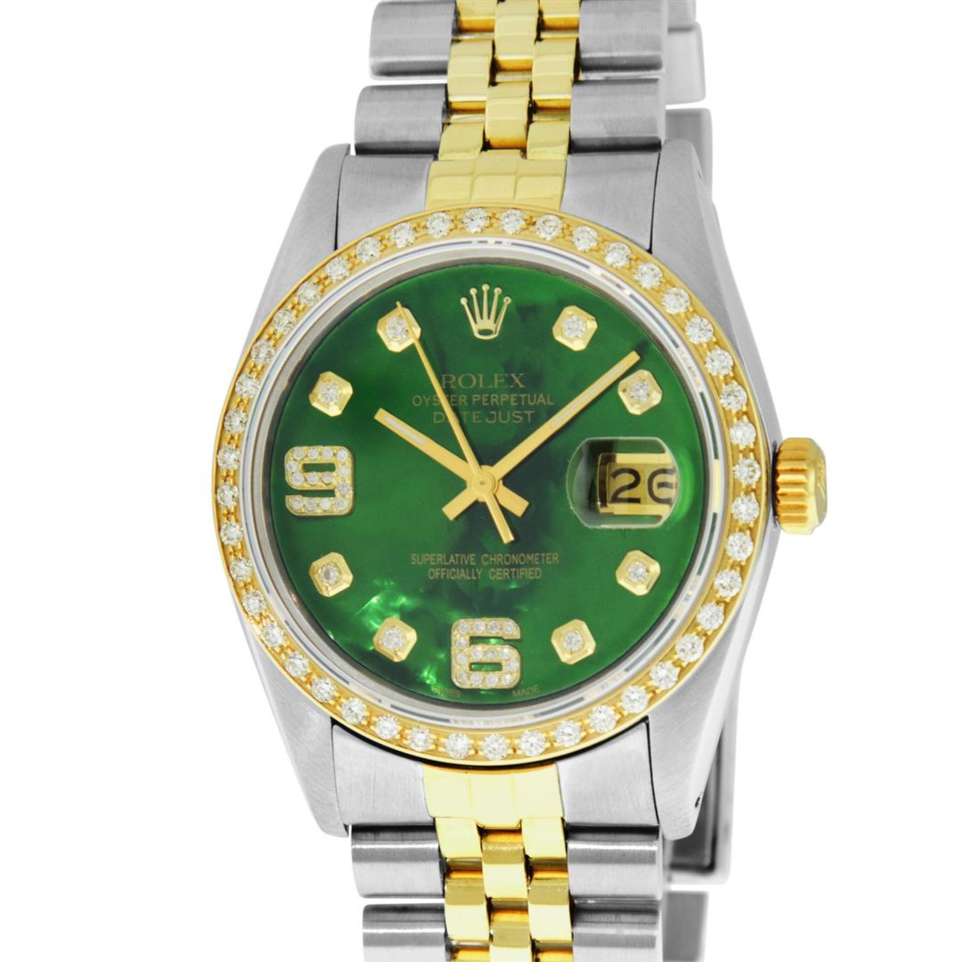 Rolex 2 Tone YG/SS Green Diamond Oyster Perpetual Datejust Wristwatch 36MM