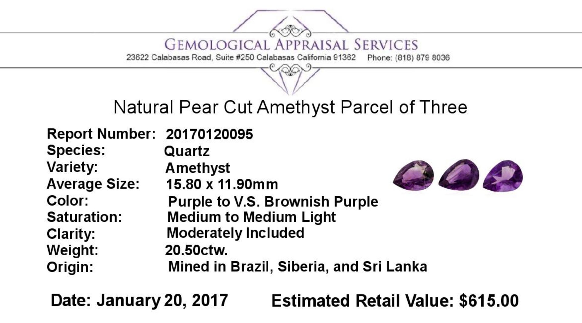 20.50 ctw.Natural Pear Cut Amethyst Parcel of Three - Image 3 of 3