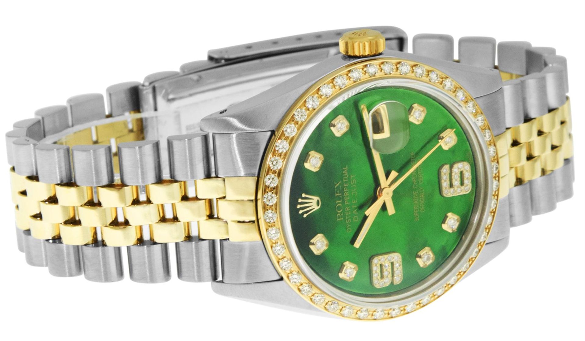 Rolex 2 Tone YG/SS Green Diamond Oyster Perpetual Datejust Wristwatch 36MM - Image 7 of 9