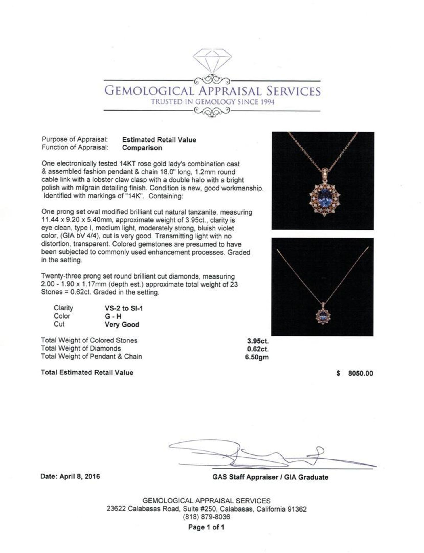 3.95ct Tanzanite and Diamond Pendant With Chain - 14KT Rose Gold - Image 3 of 3