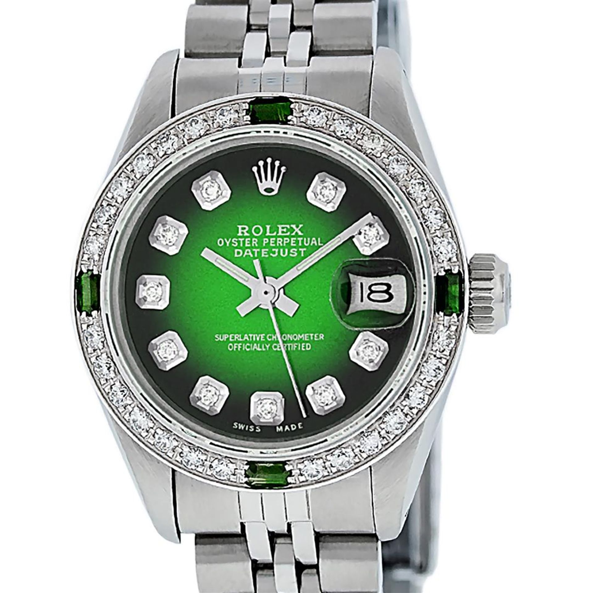 Rolex Ladies Stainless Steel 26MM Green Vignette Diamond Oyster Perpetual Dateju - Image 2 of 9