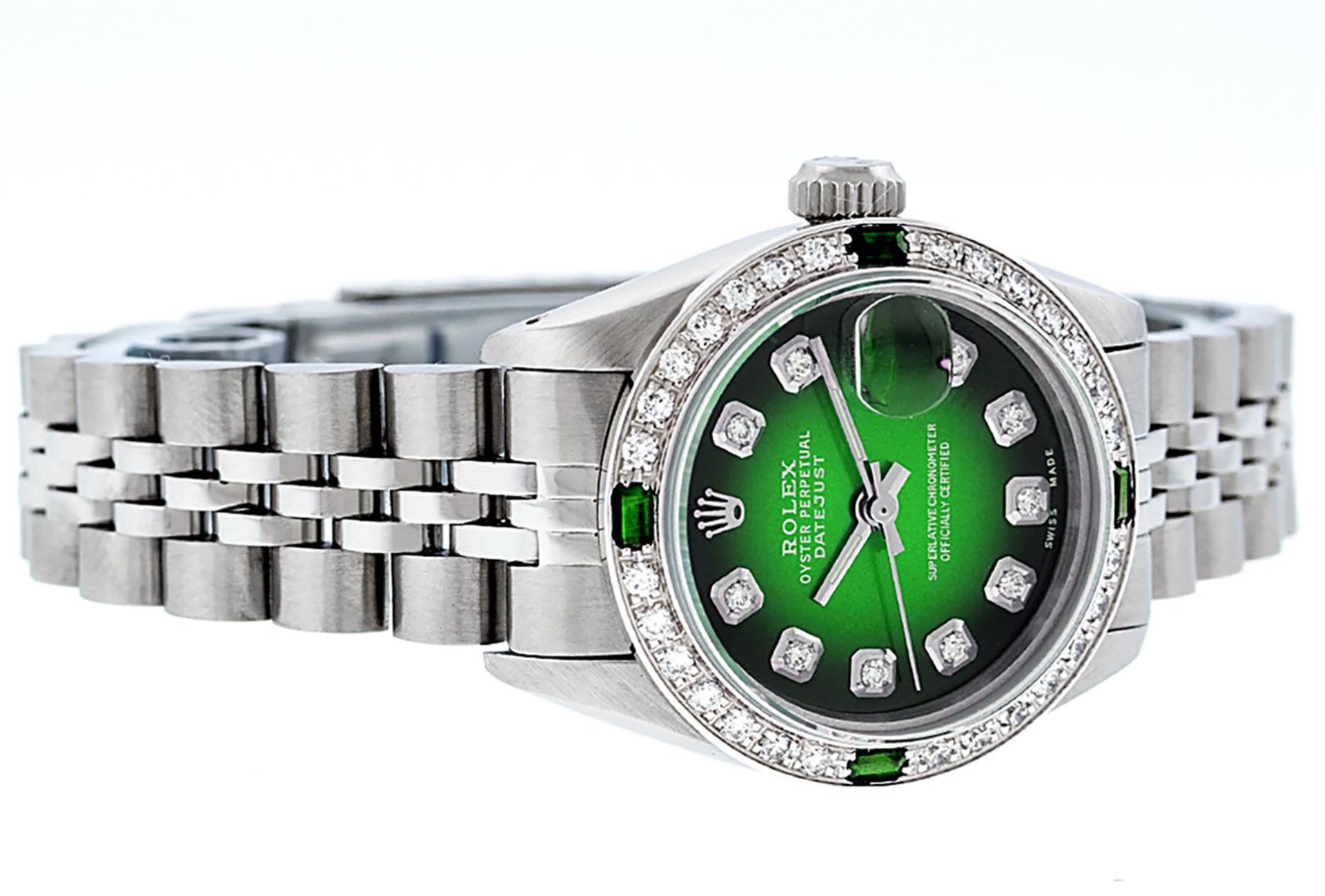 Rolex Ladies Stainless Steel 26MM Green Vignette Diamond Oyster Perpetual Dateju - Image 5 of 9