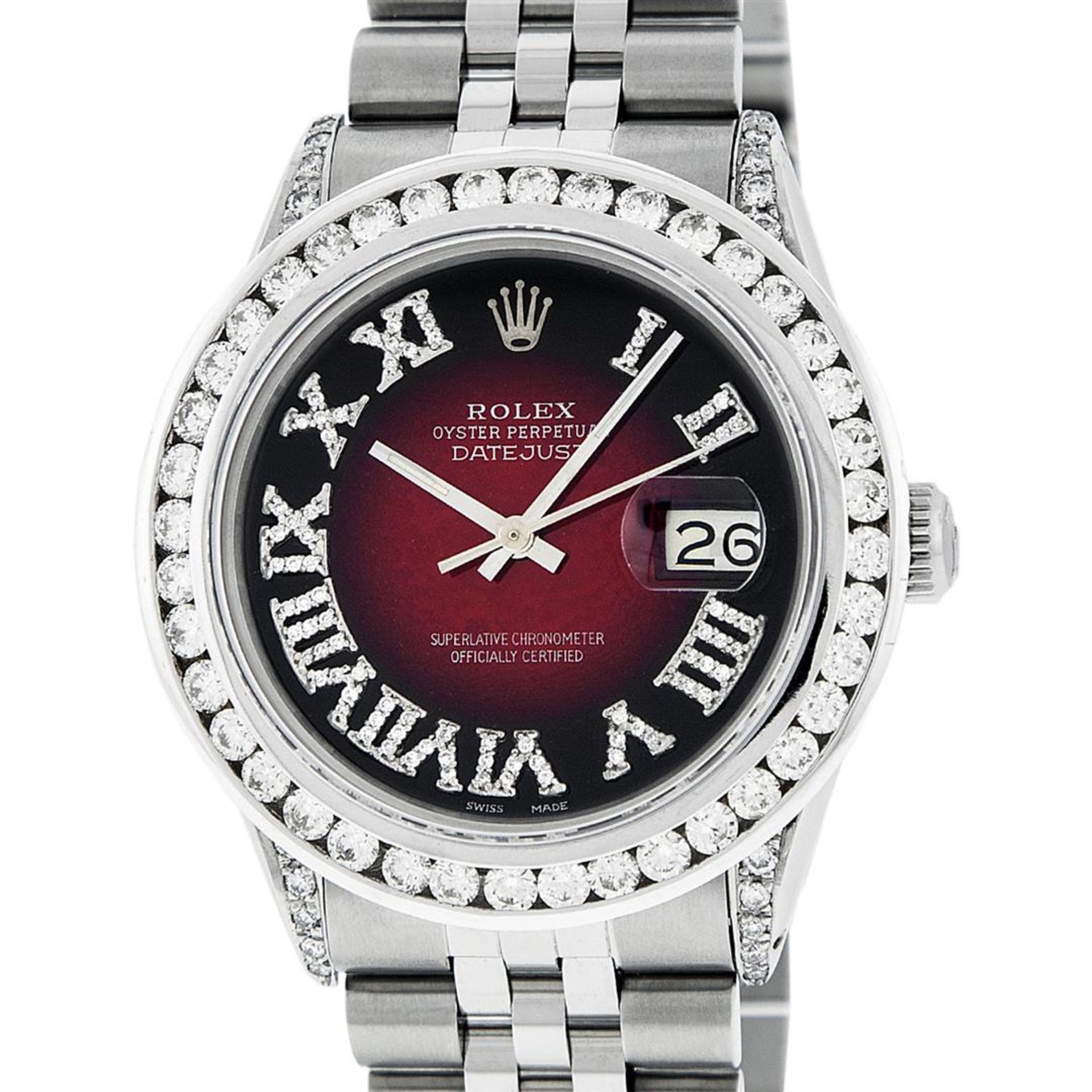 Rolex Mens Stainless Steel 3ctw Red Vignette Roman Diamond Datejust Wristwatch