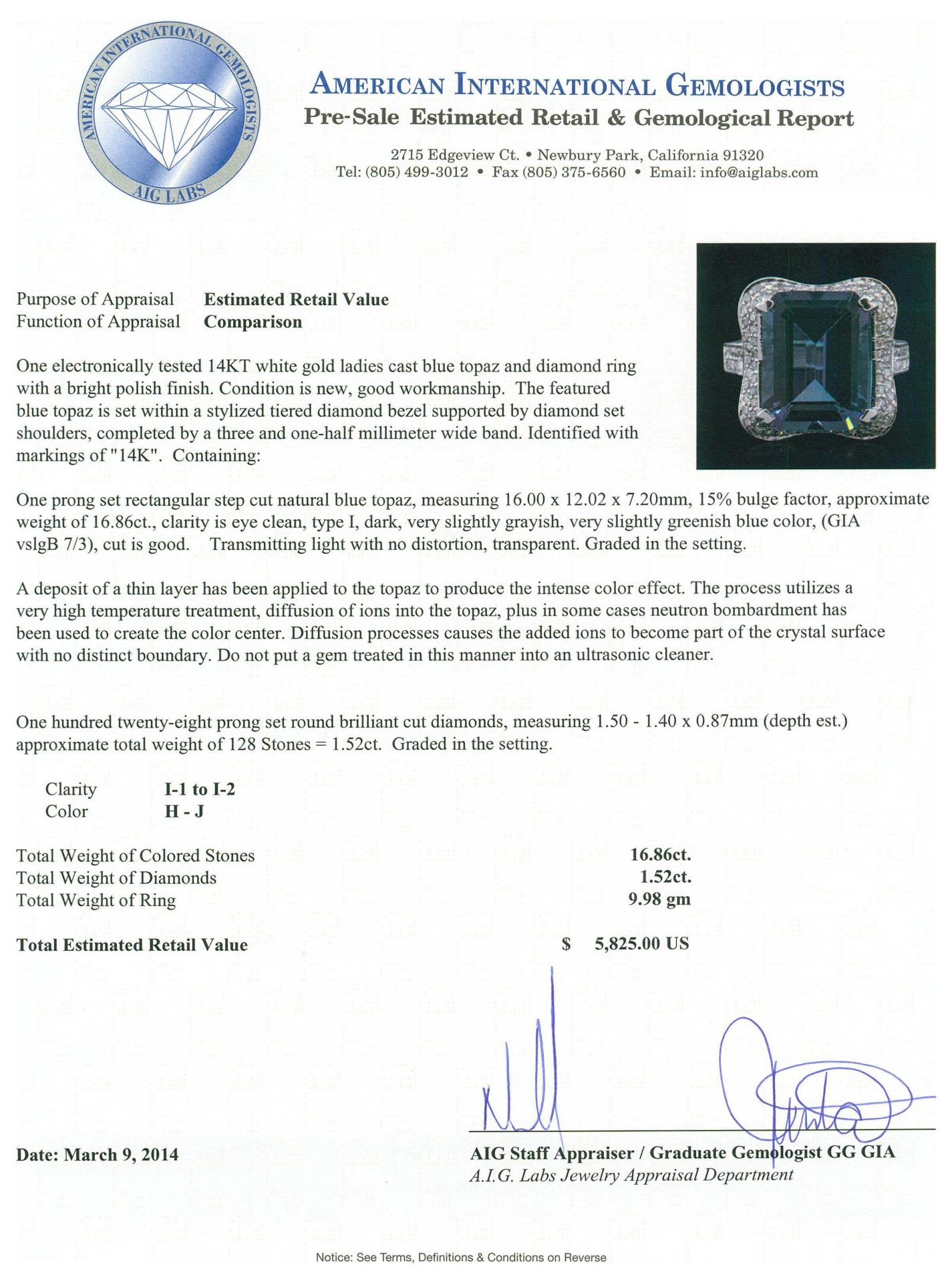 14KT White Gold 16.86 ctw Blue Topaz and Diamond Ring - Image 5 of 5