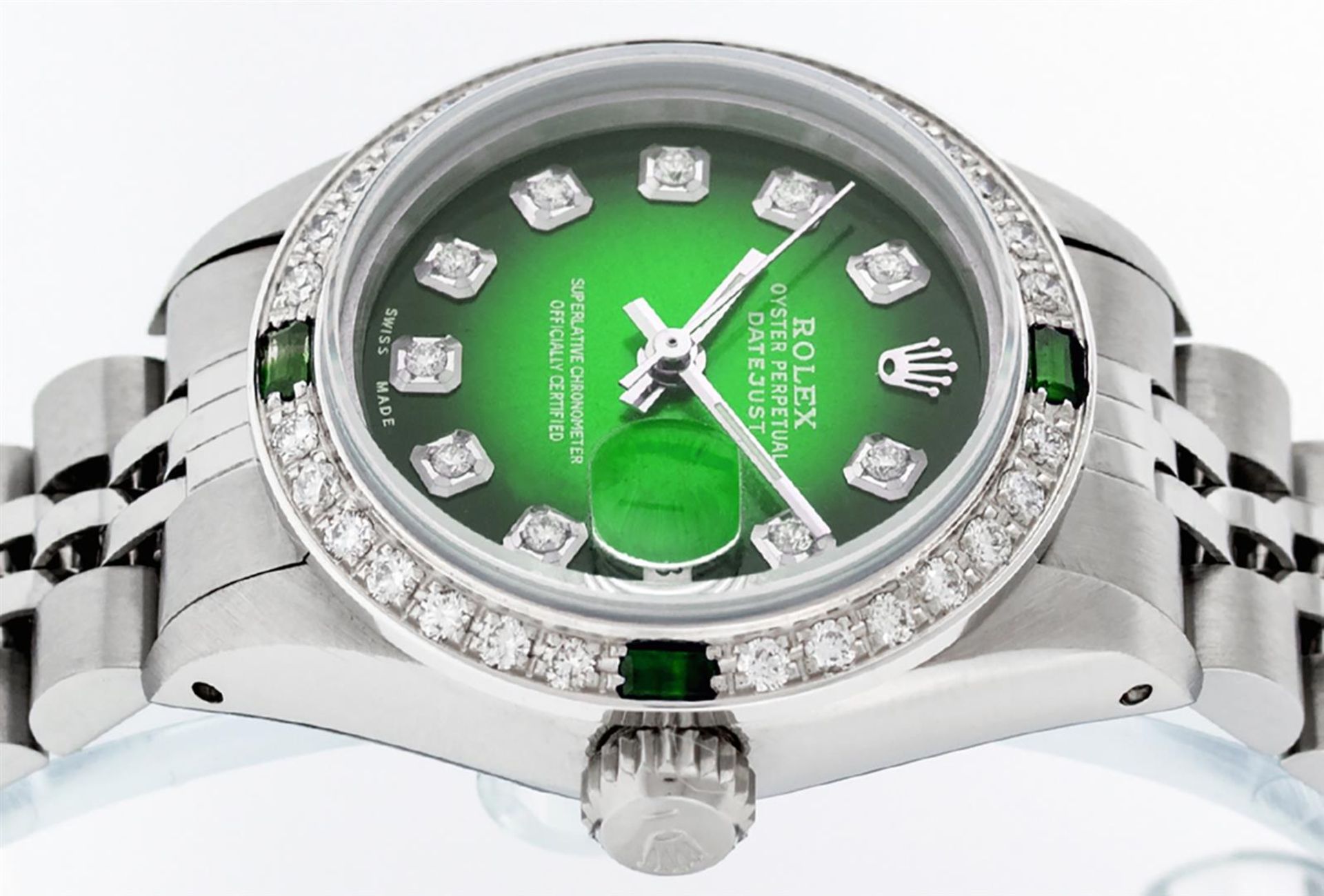 Rolex Ladies Stainless Steel 26MM Green Vignette Diamond Oyster Perpetual Dateju - Image 3 of 9