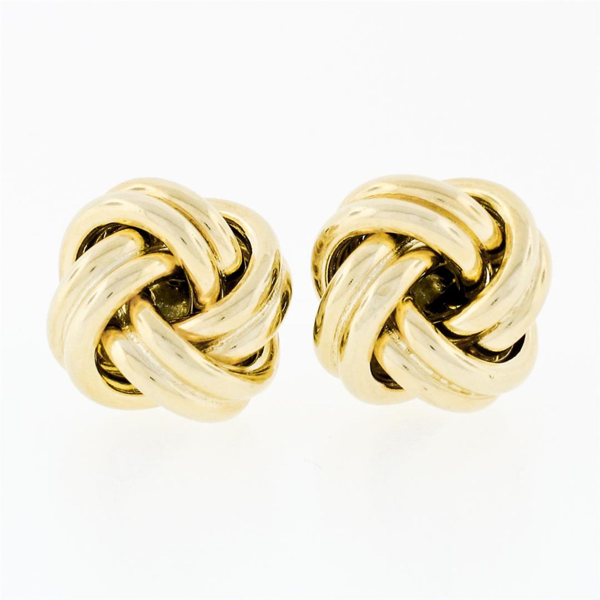 Italian 14K Yellow Gold Ribbed High Polished Dual Tube Love Knot Stud Earrings