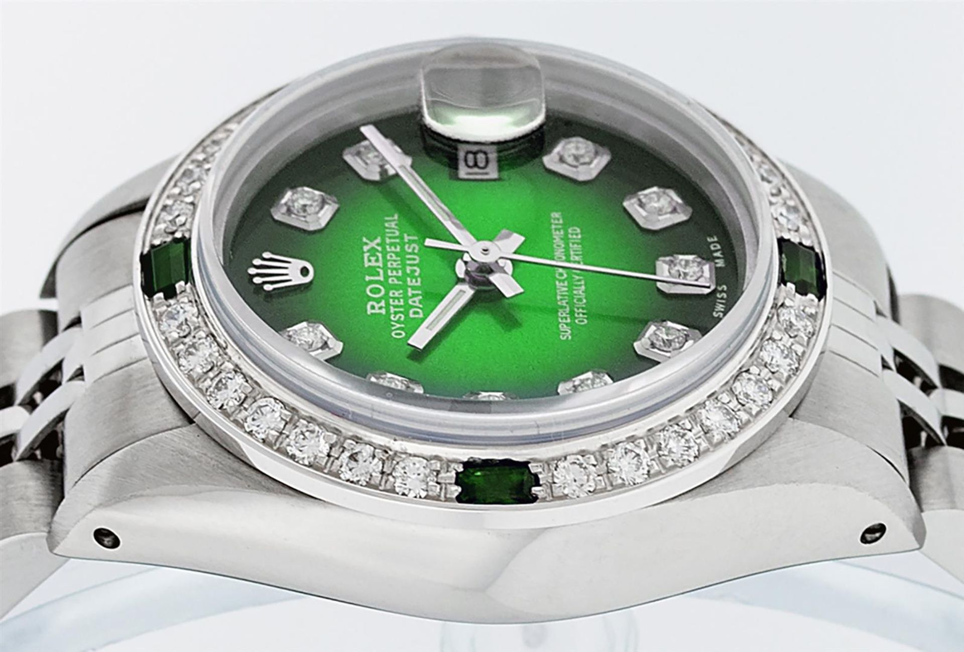 Rolex Ladies Stainless Steel 26MM Green Vignette Diamond Oyster Perpetual Dateju - Image 4 of 9