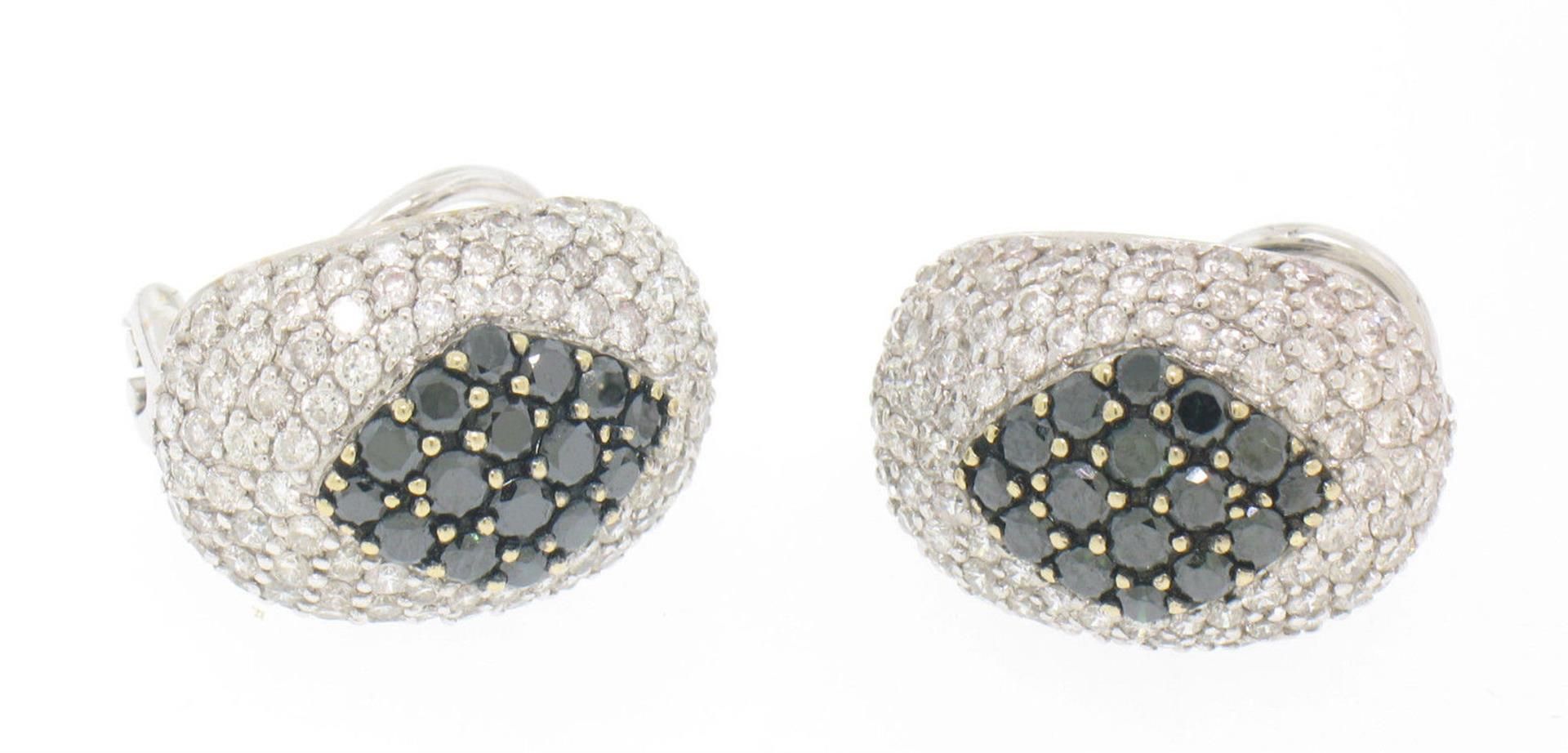 18k Solid White Gold 3.60 ctw White & Black Diamond Drenched Dome Button Earring - Image 5 of 7