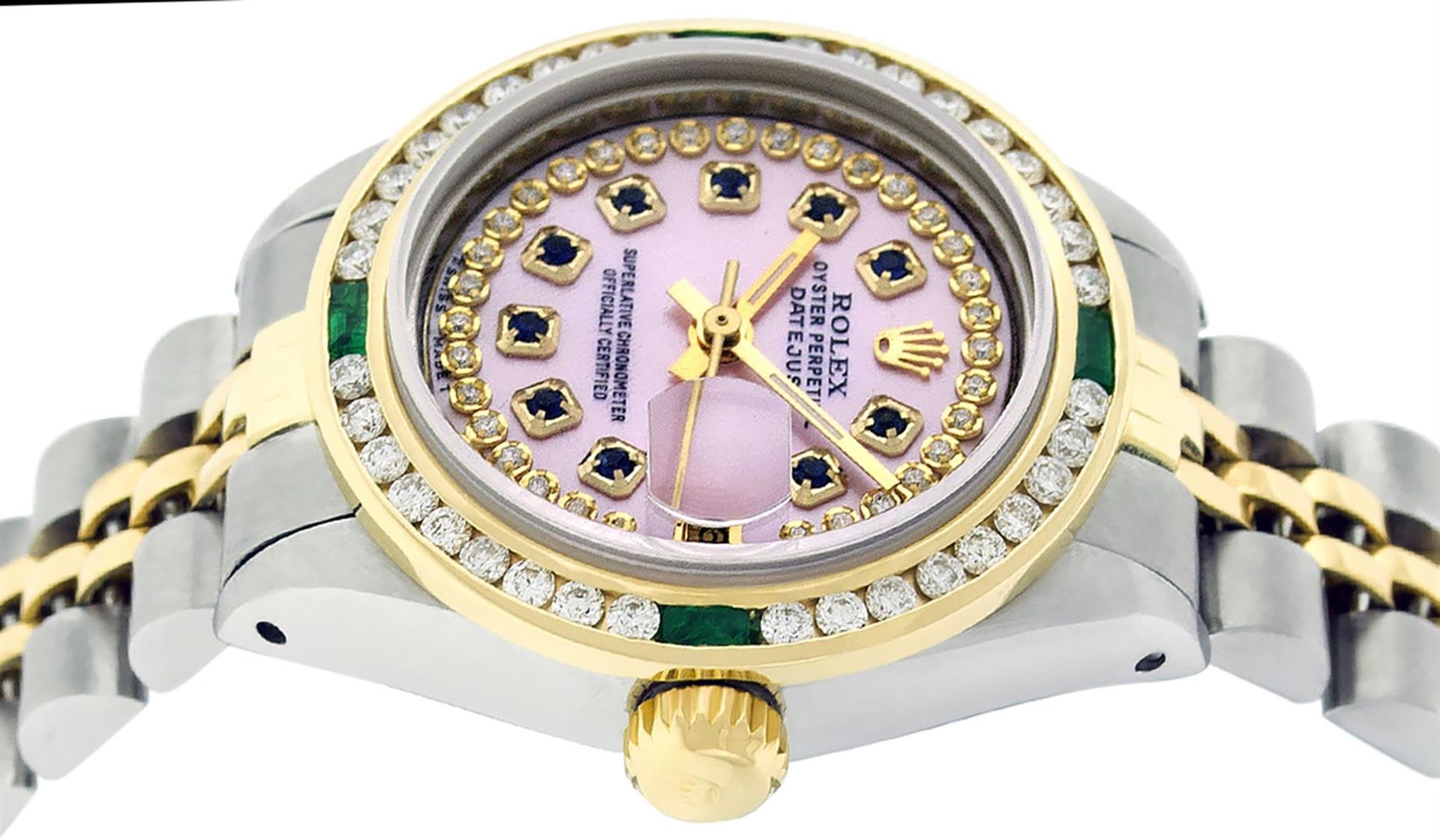 Rolex Ladies 2 Tone MOP Sapphire & Diamond, Emerald Datejust Wristwatch 26MM - Image 3 of 9