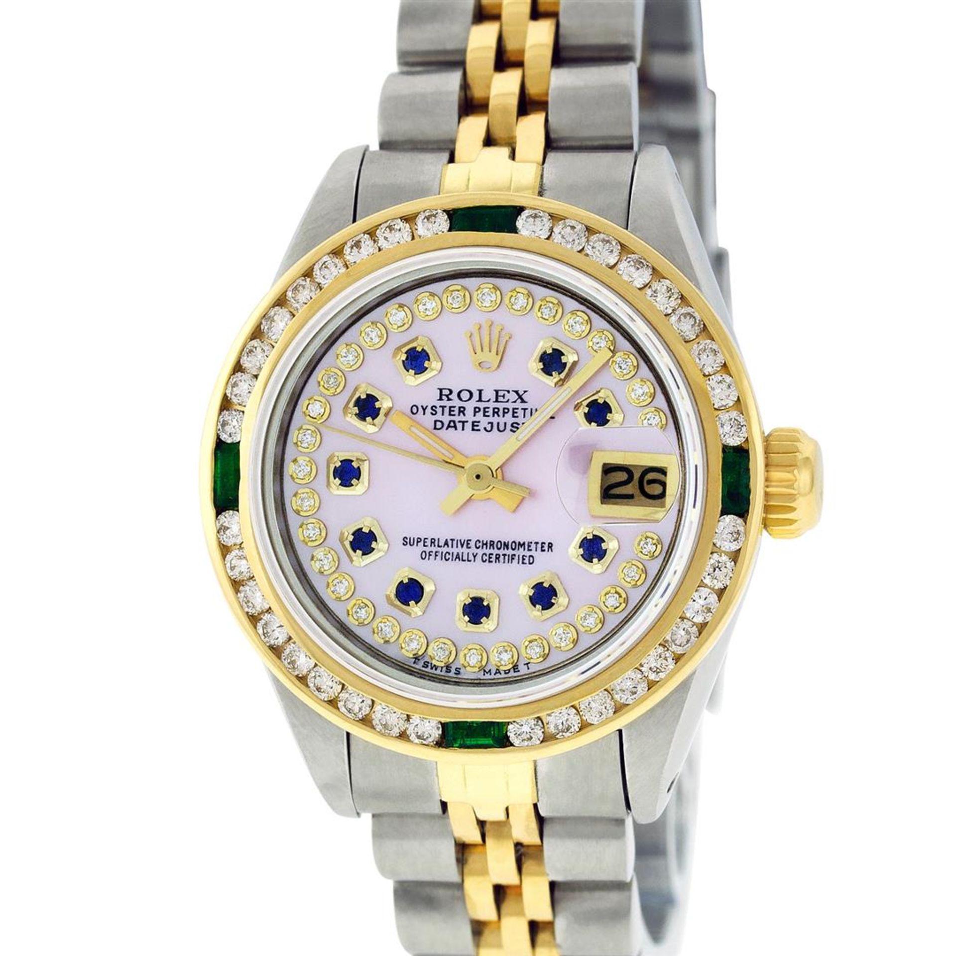 Rolex Ladies 2 Tone MOP Sapphire & Diamond, Emerald Datejust Wristwatch 26MM - Image 2 of 9