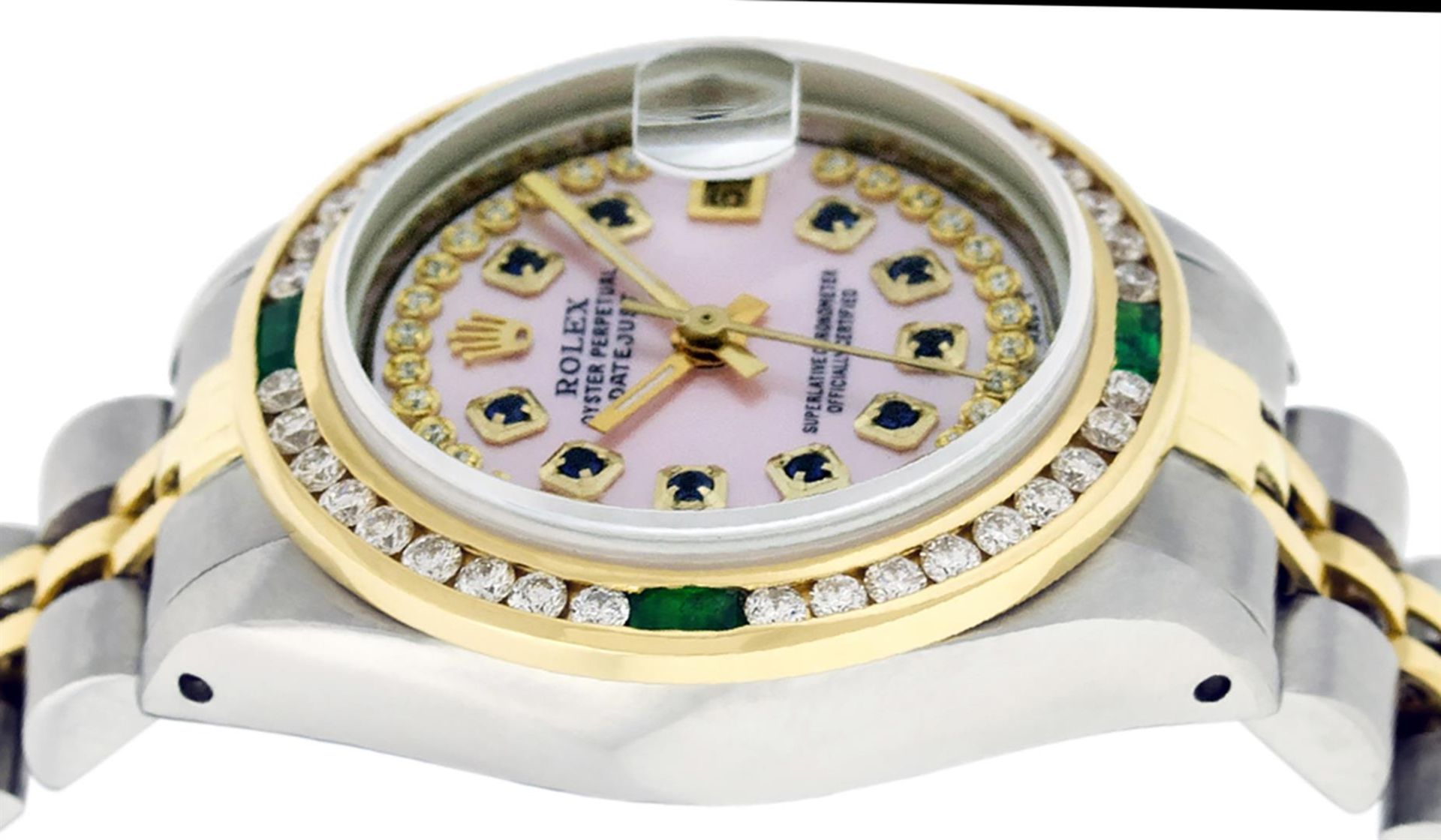 Rolex Ladies 2 Tone MOP Sapphire & Diamond, Emerald Datejust Wristwatch 26MM - Image 4 of 9